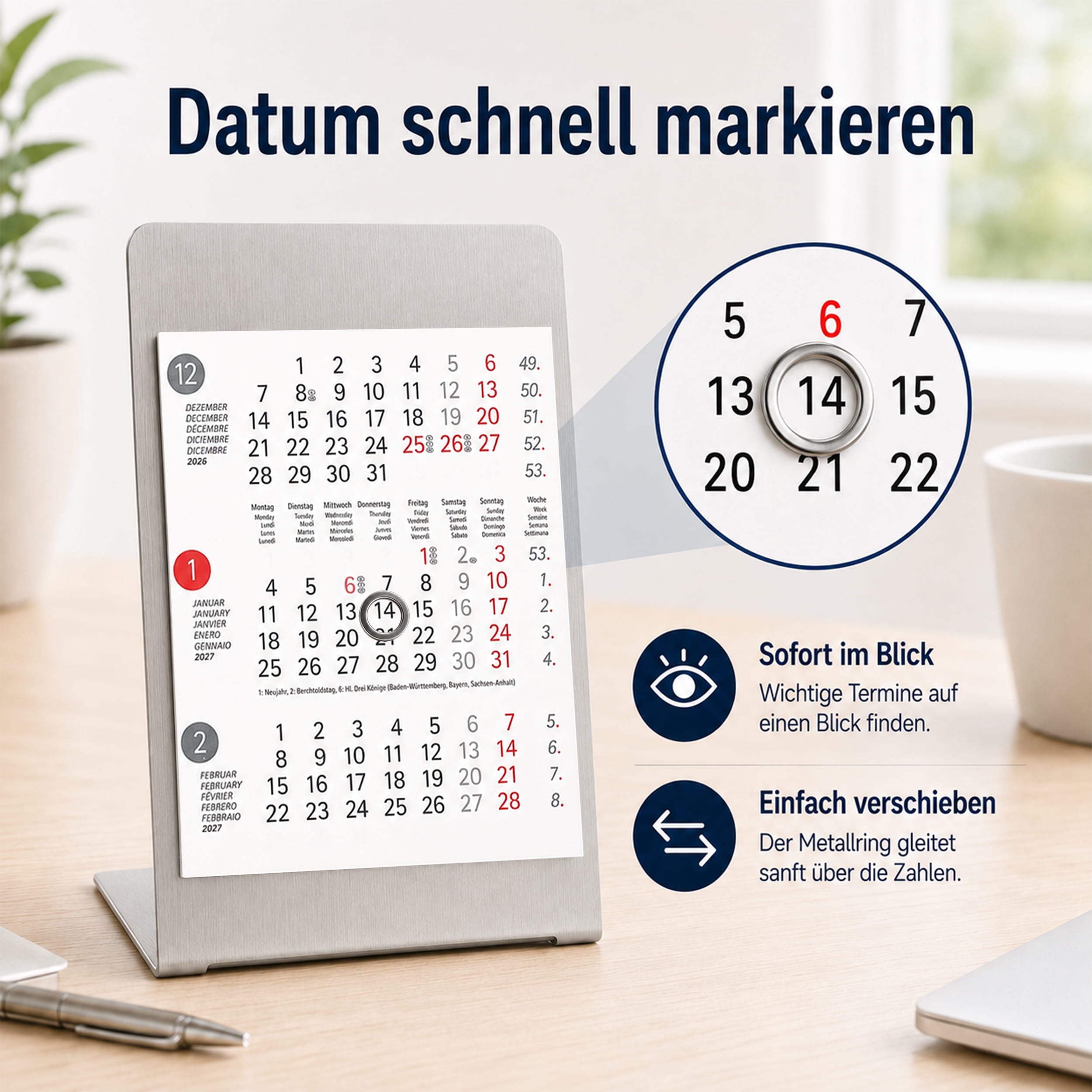 Magnet-System Dots – Tischkalender 2027 mit Metallaufsteller