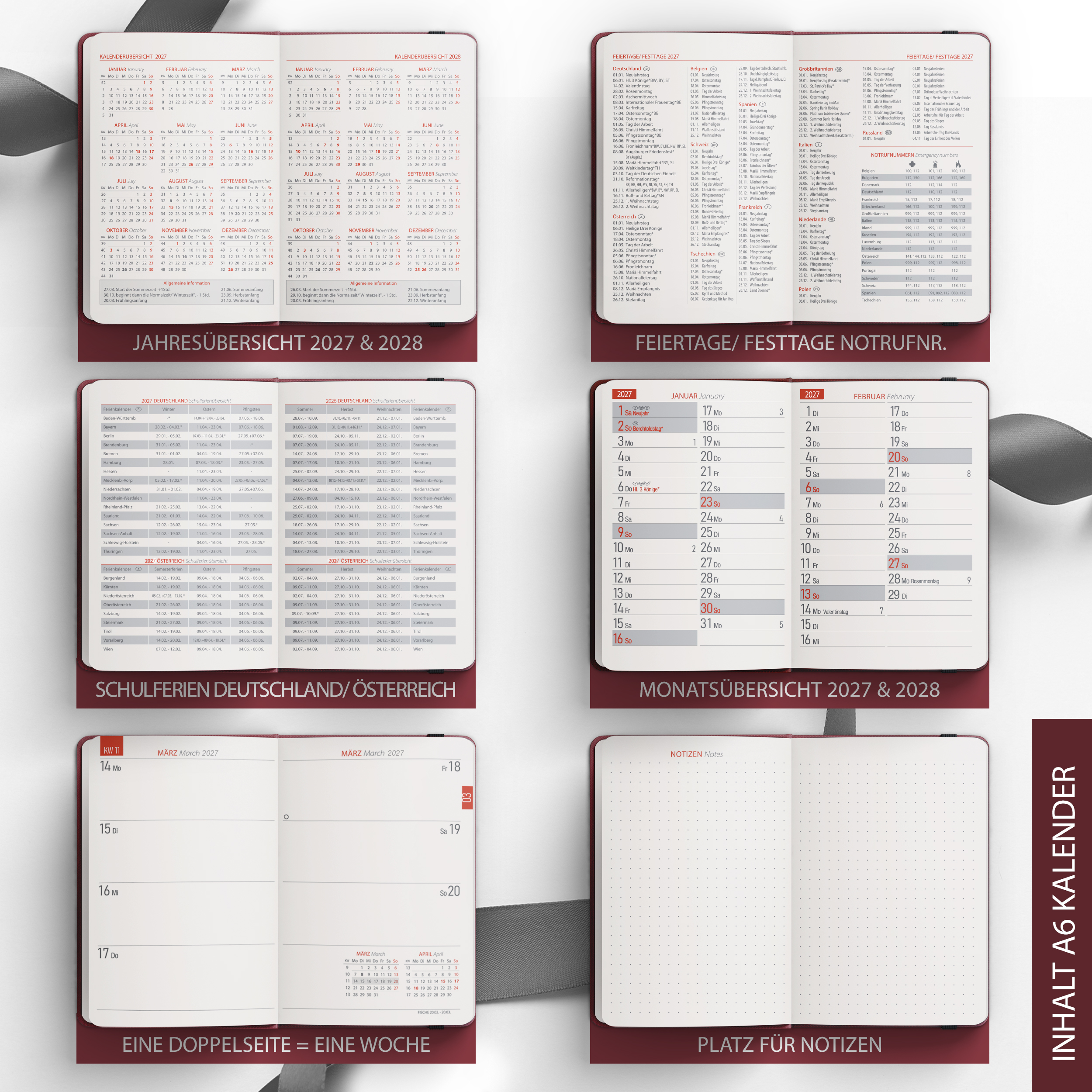 Taschenkalender 2027 A6 Bordeaux mit Goldprägung