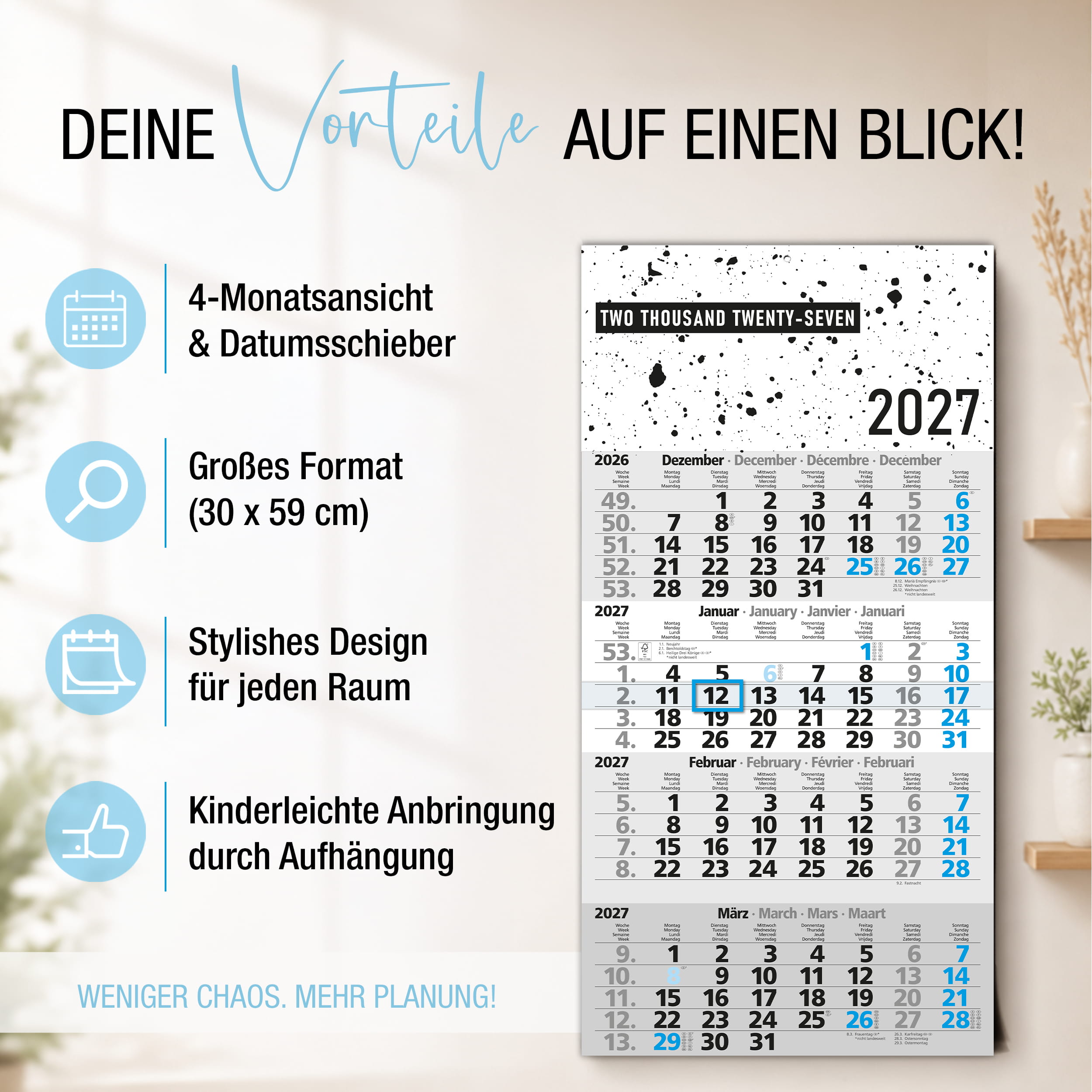4-Monatskalender 2027 Design Splatter Blau