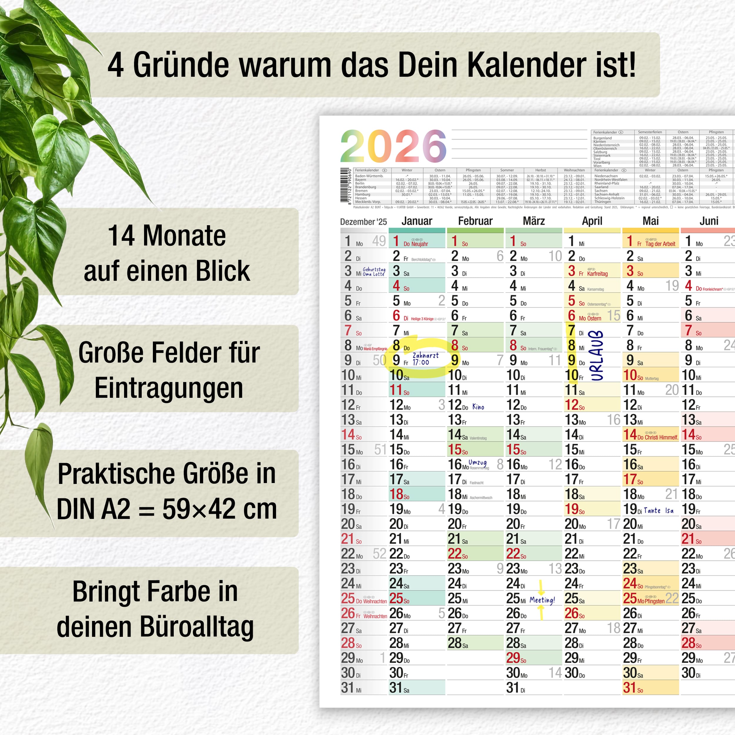 Wandkalender A2 2026 "bunt" Wandkalender A2 2026 "bunt"