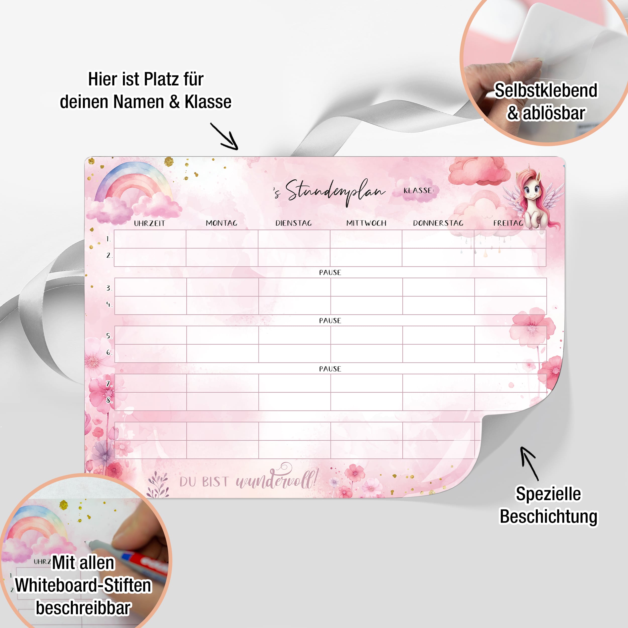 Stundenplan Einhorn - klebt überall, nass abwischbar!