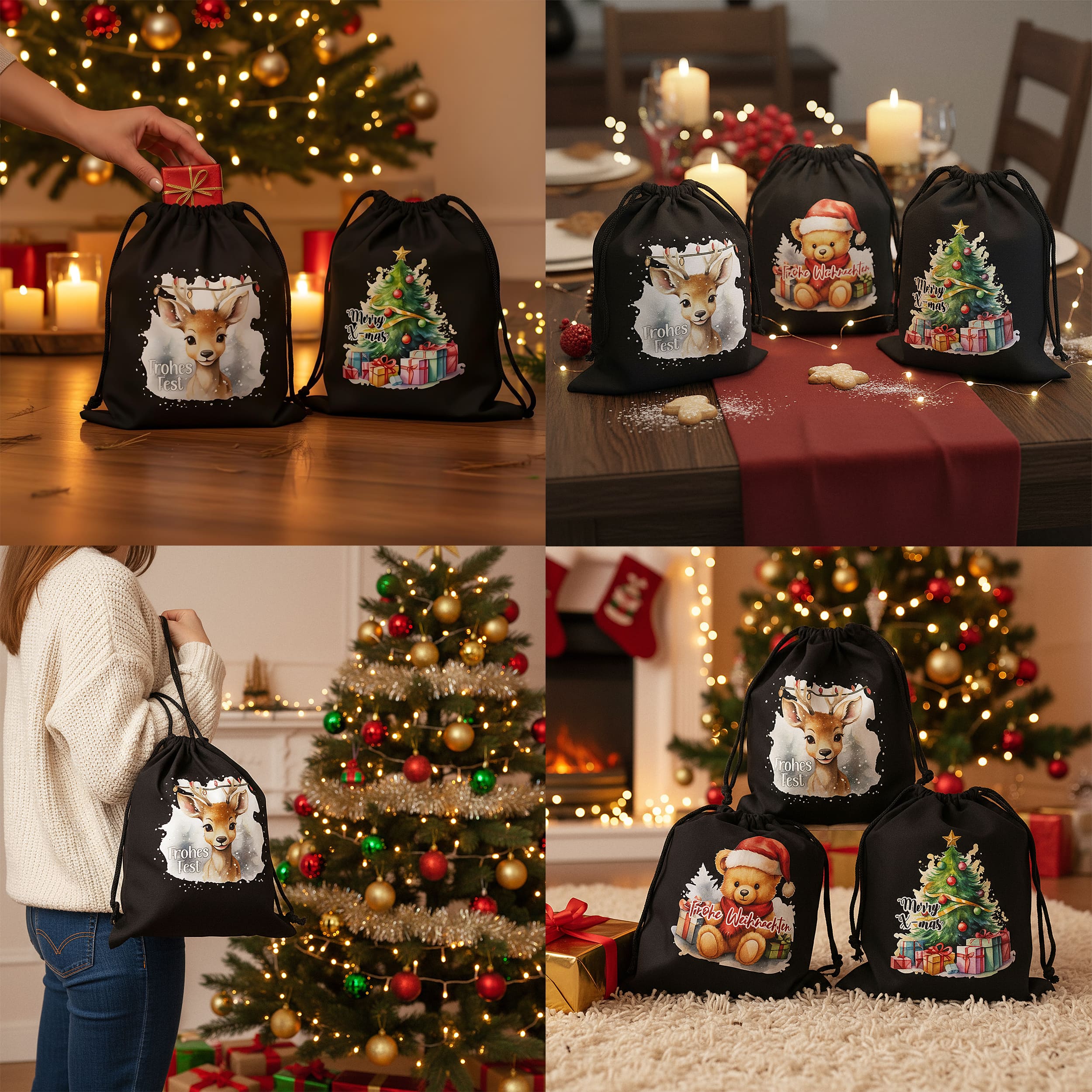 Weihnachtsbeutel Baumwolle Schwarz 3er Set