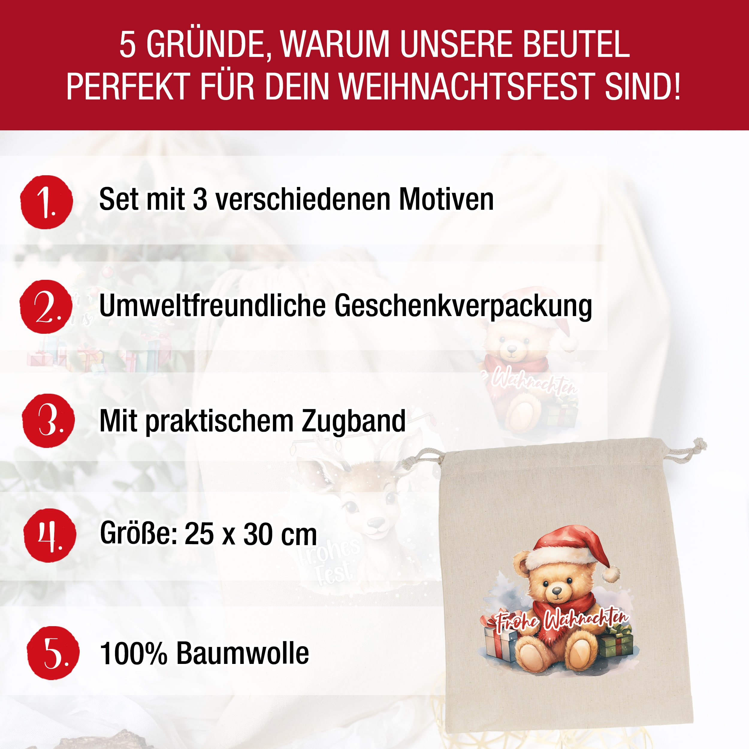 Weihnachtsbeutel Baumwolle Bunt 3er Set