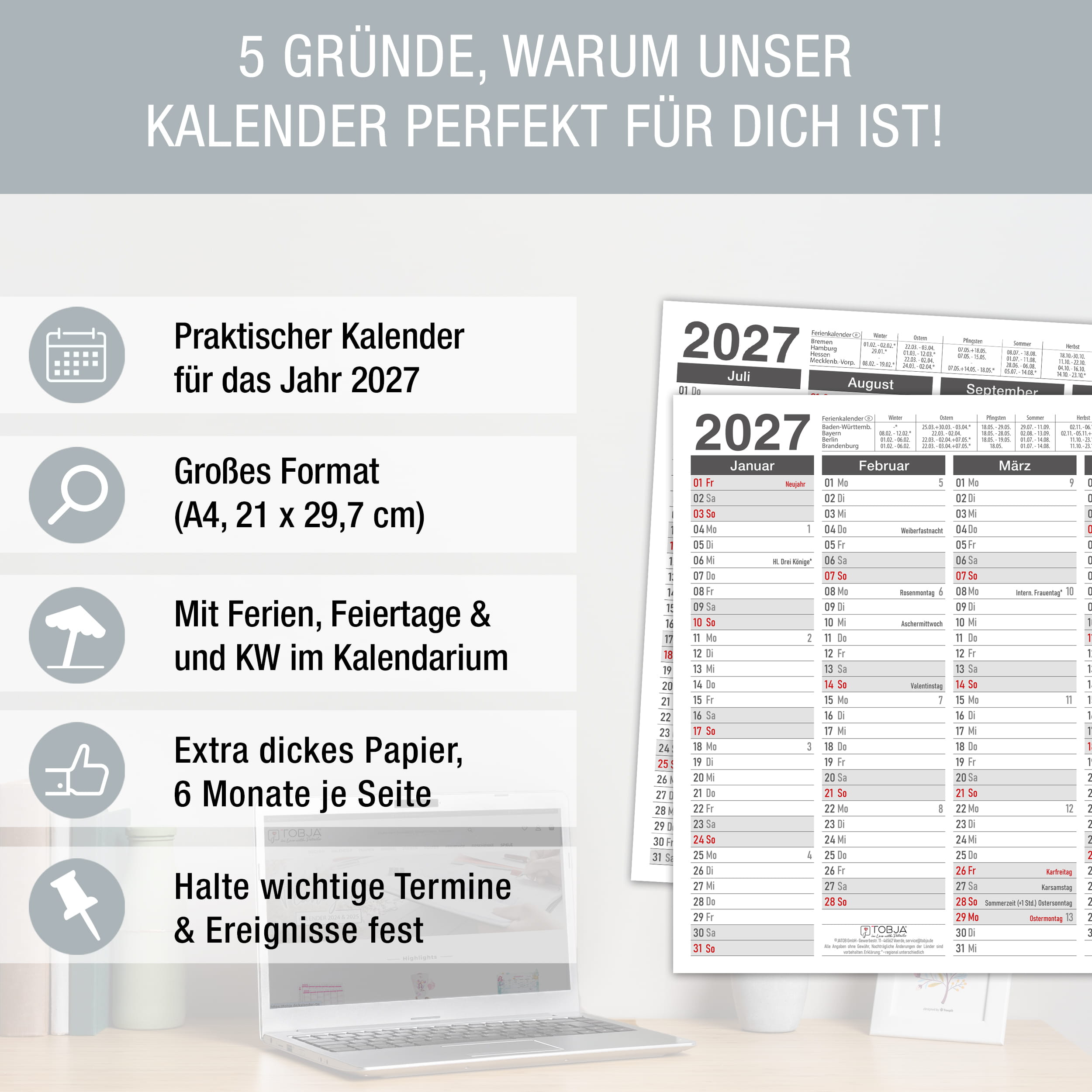 Tafelkalender 2027 bunt DIN A4 - 3er Set