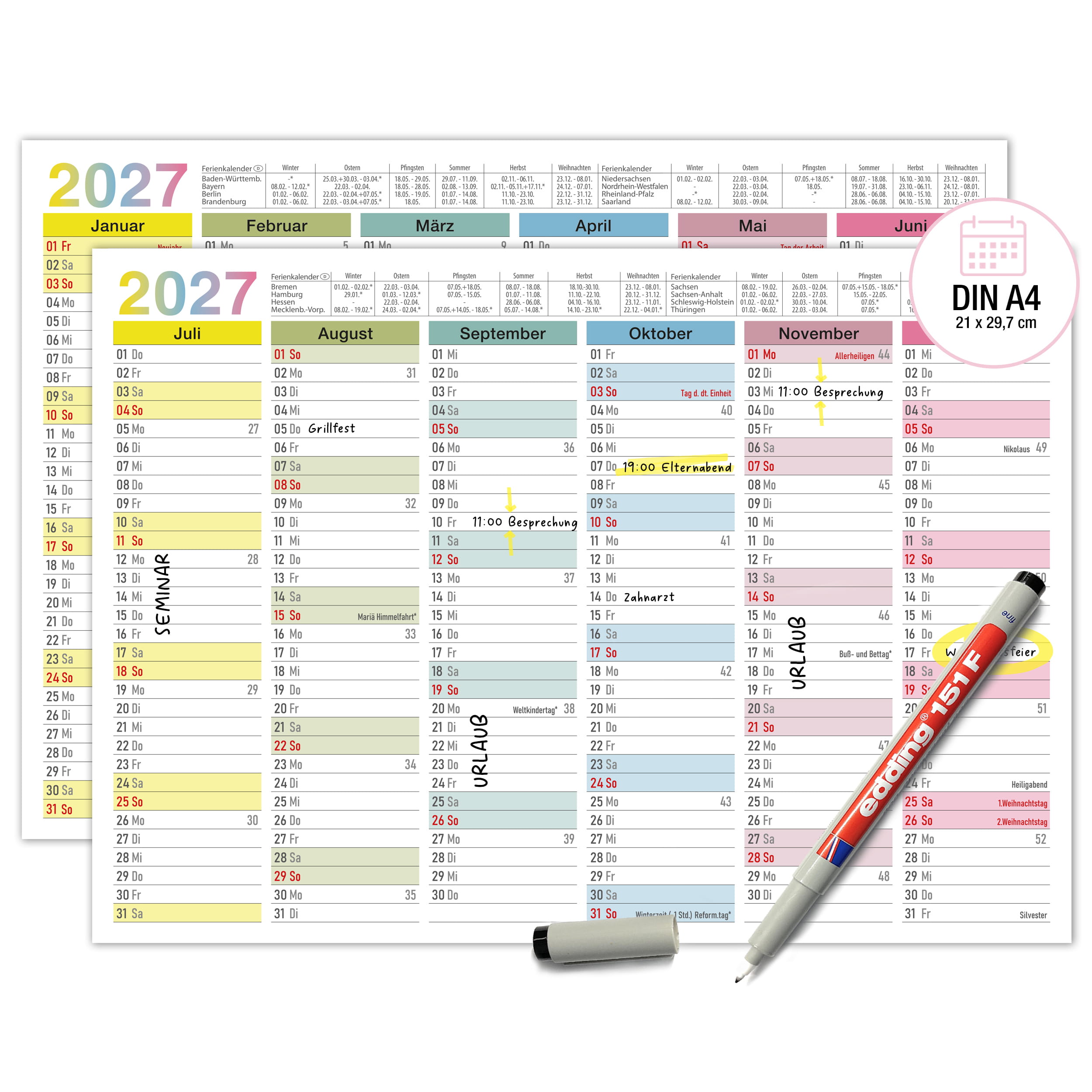 Abwischbarer A4 Tafelkalender 2026 "Bunt"  Kalender inkl 1 Stift