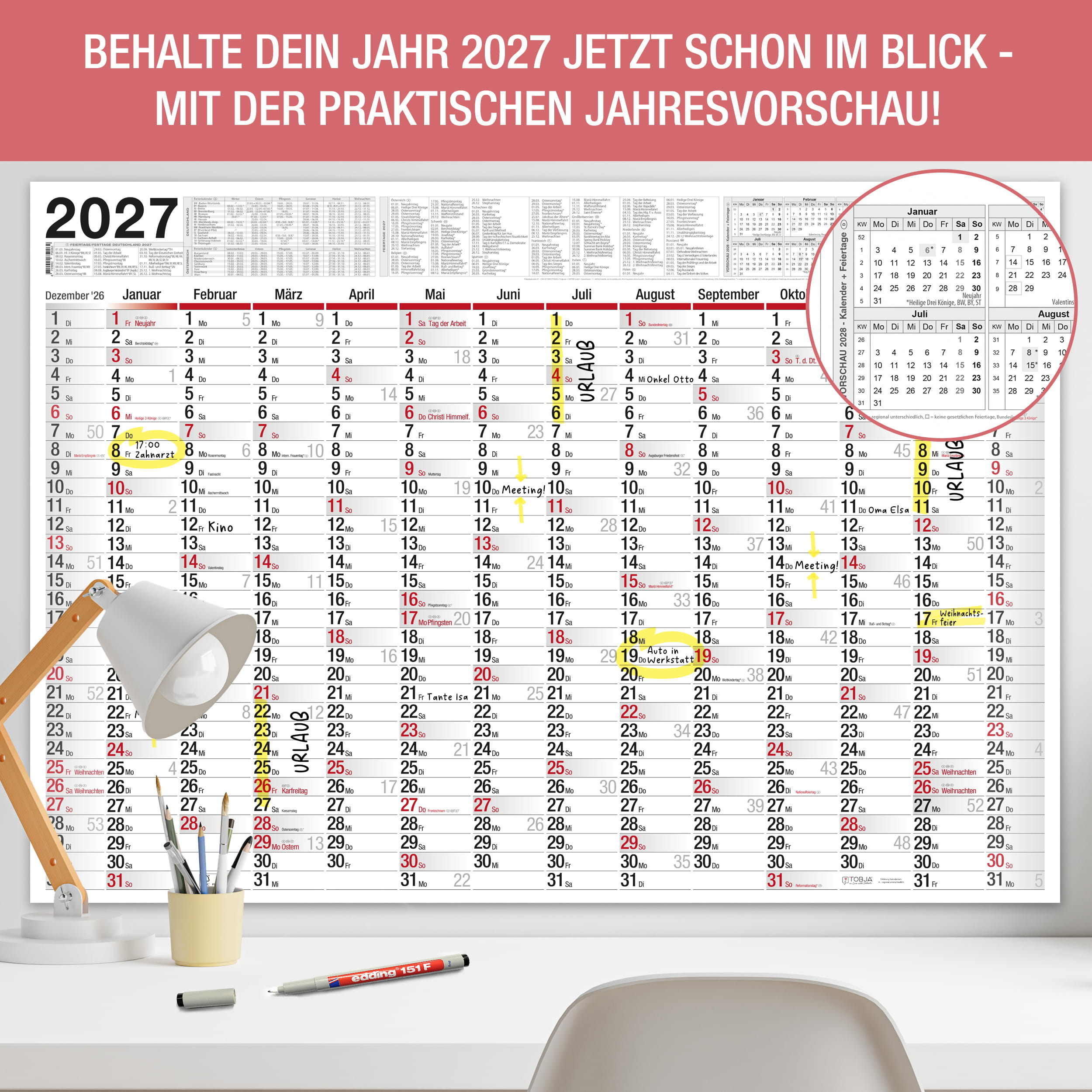 XXL Wandkalender 2026 1x Kalender abwischbar + 1 Stift