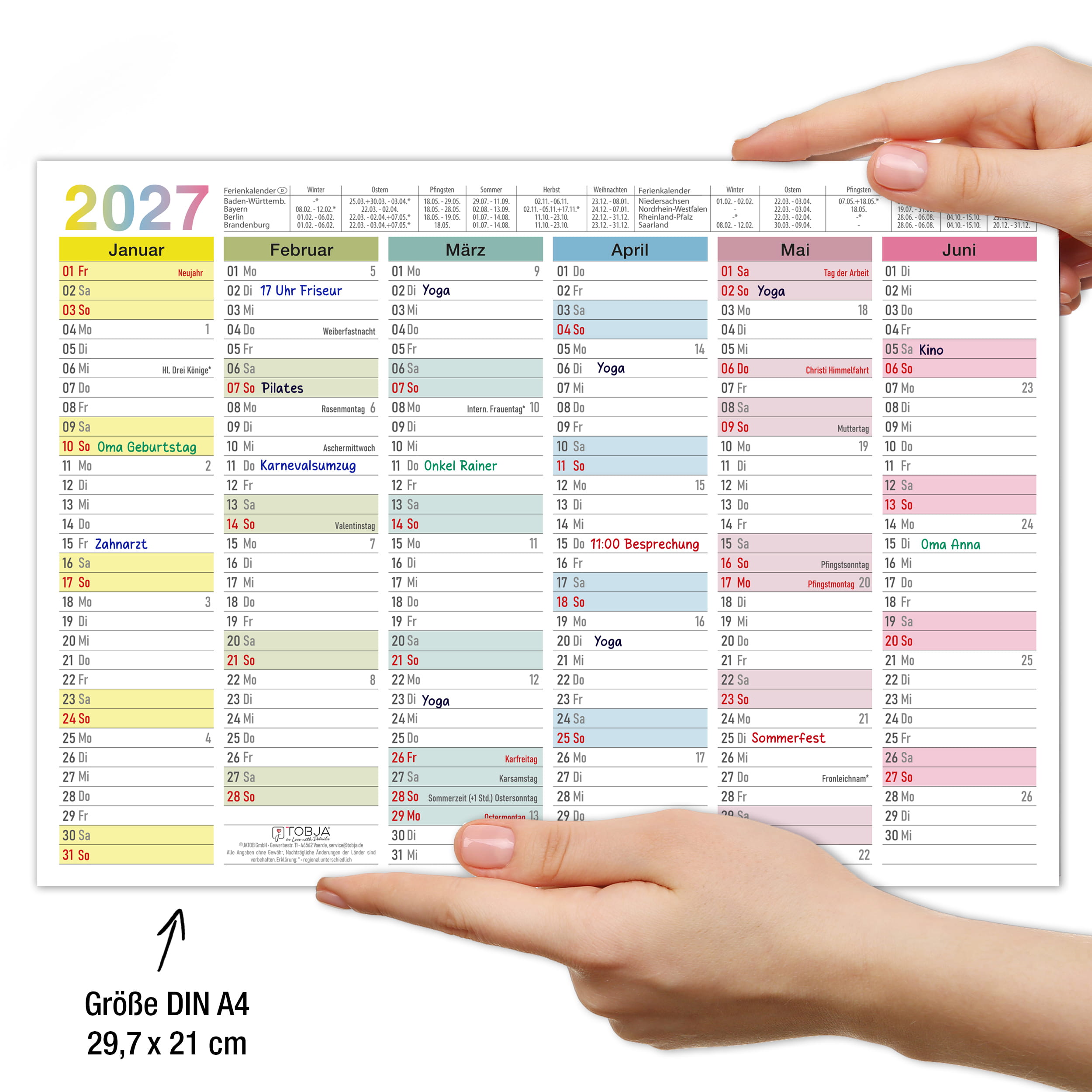Abwischbarer A4 Tafelkalender 2026 "Bunt"  Kalender inkl 4 Stifte