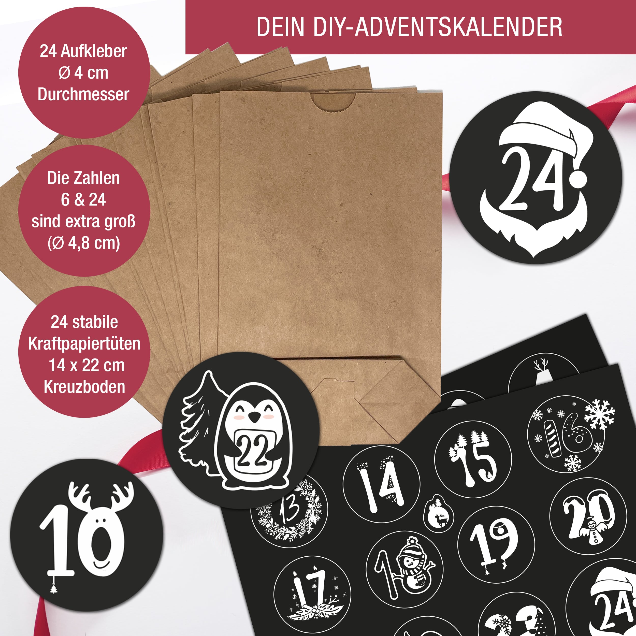 Adventskalender mit 24 Aufkleber schwarz-weiß