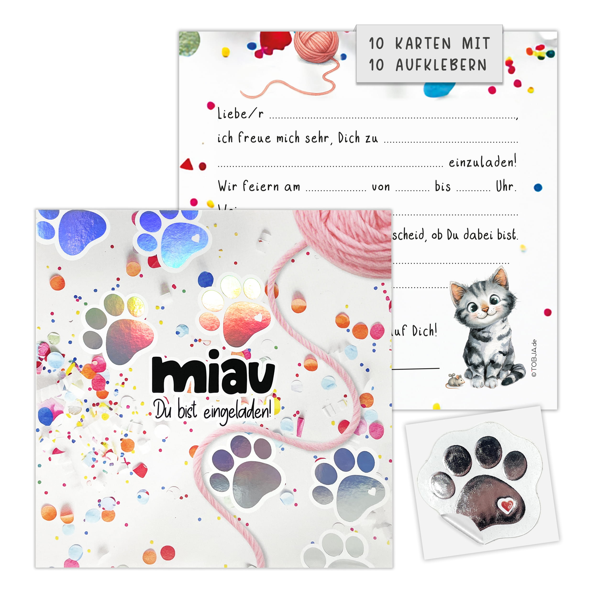XL Einladungskarten Katze Konfetti – 10er-Set mit Silberfolie-Stickern
