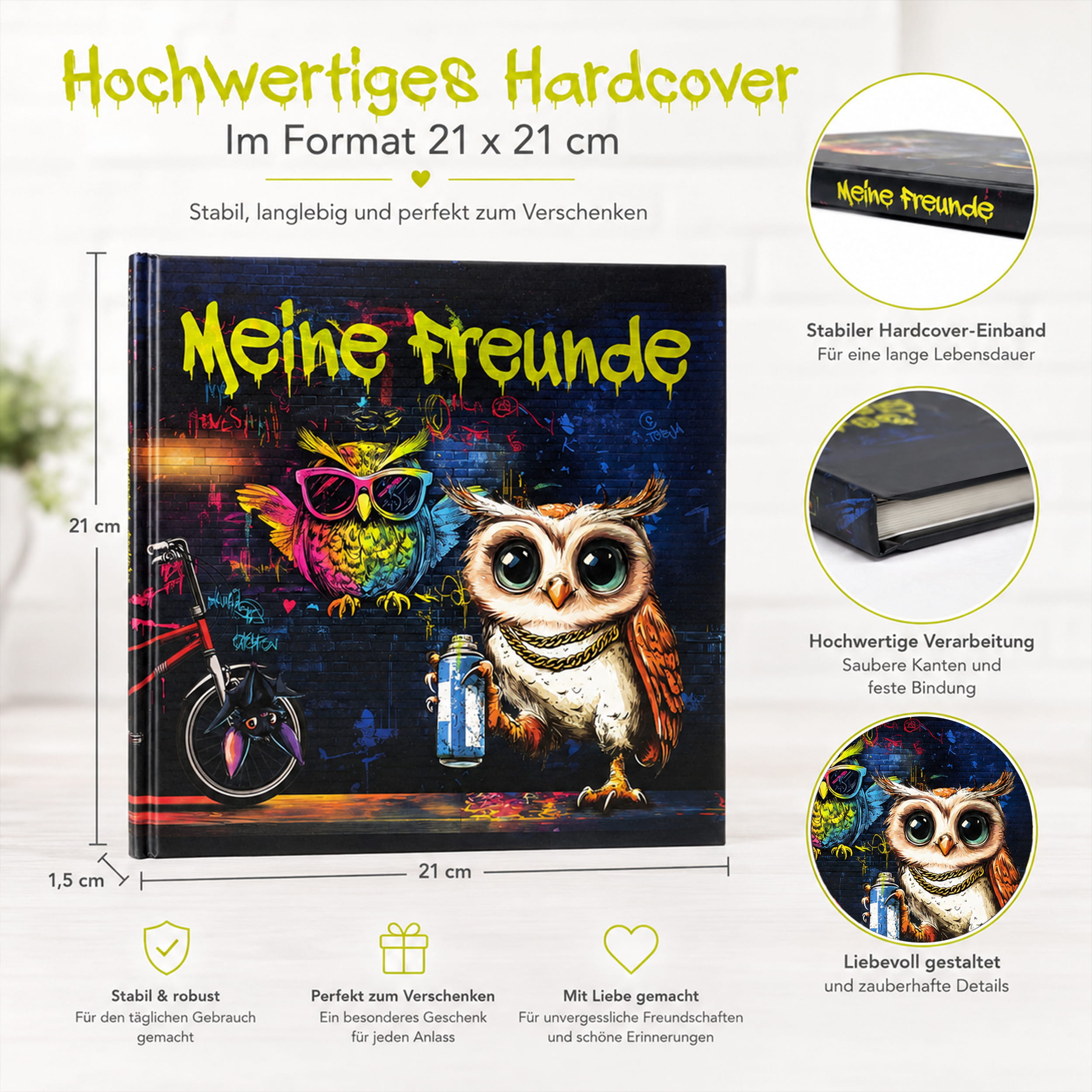 Freundebuch Grundschule Eule Graffiti – 21 x 21 cm Hardcover