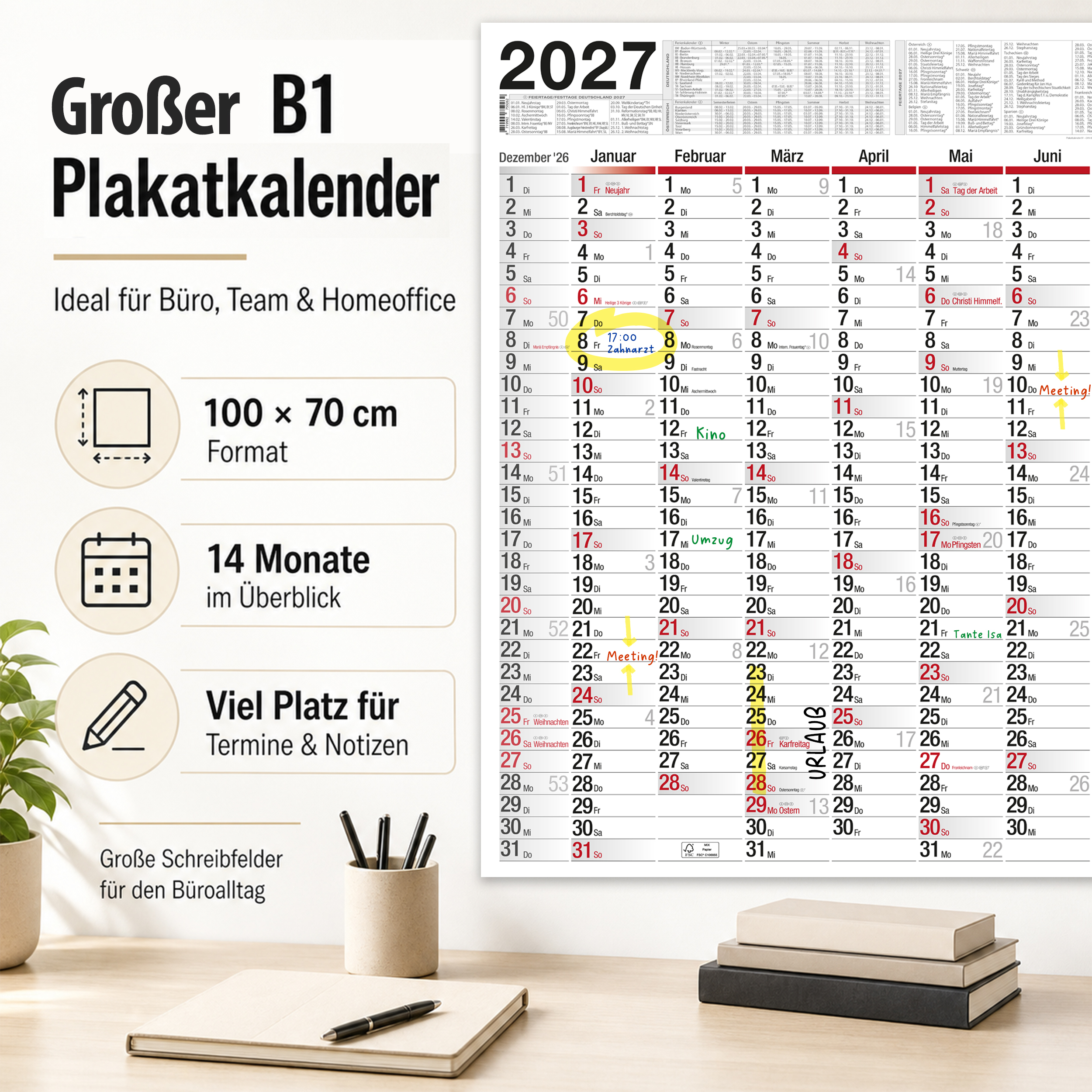 XXL Wandkalender 2026 1x Kalender abwischbar + 1 Stift