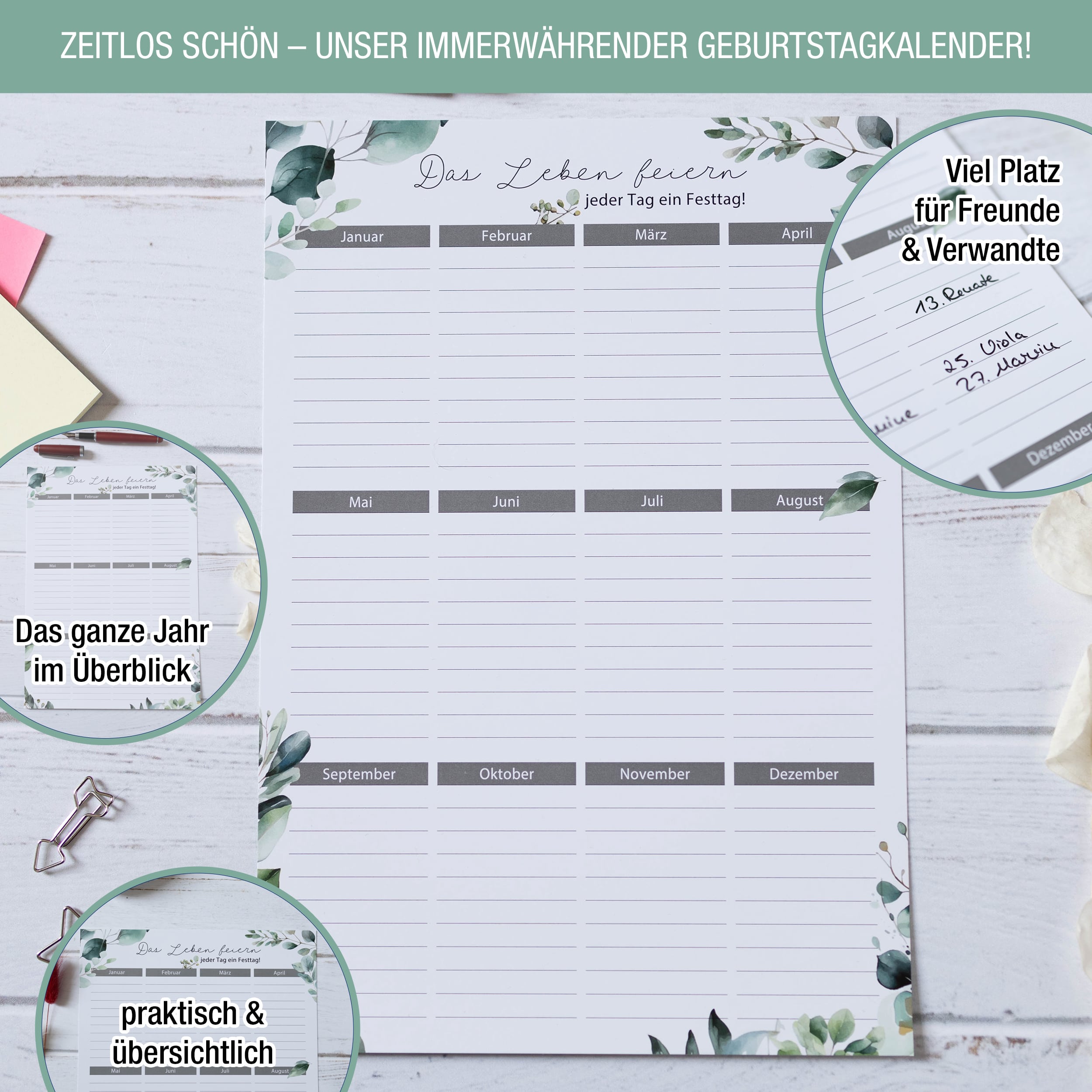 Geburtstagskalender A4 2er Set "Eukalyptus" Geburtstagskalender A4 2er Set "Eukalyptus"