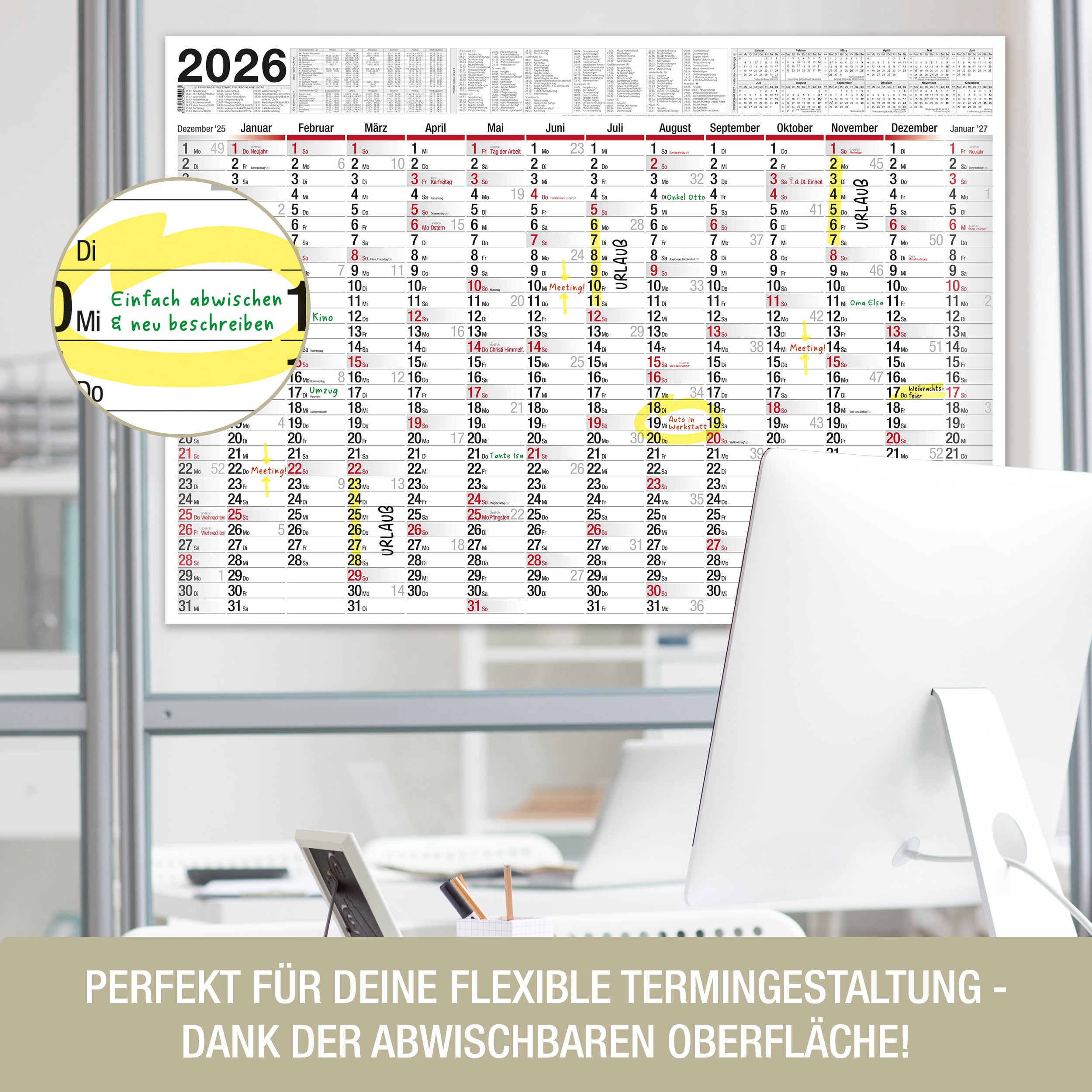 Wandkalender 2026 "Big Planer" [abwischbar] Kalender + 4 Stifte