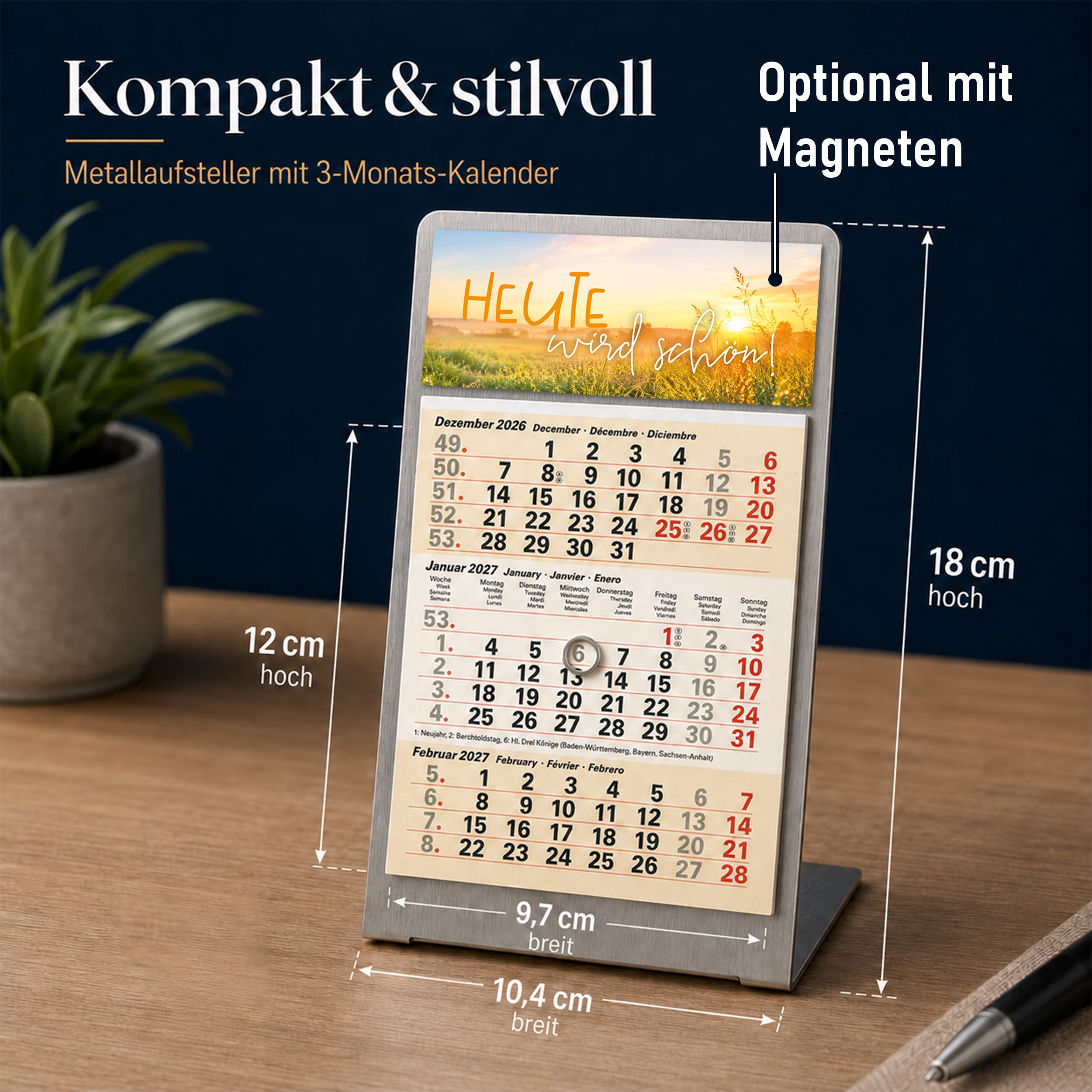 Magnet-System Sand – Tischkalender 2027 mit Metallaufsteller