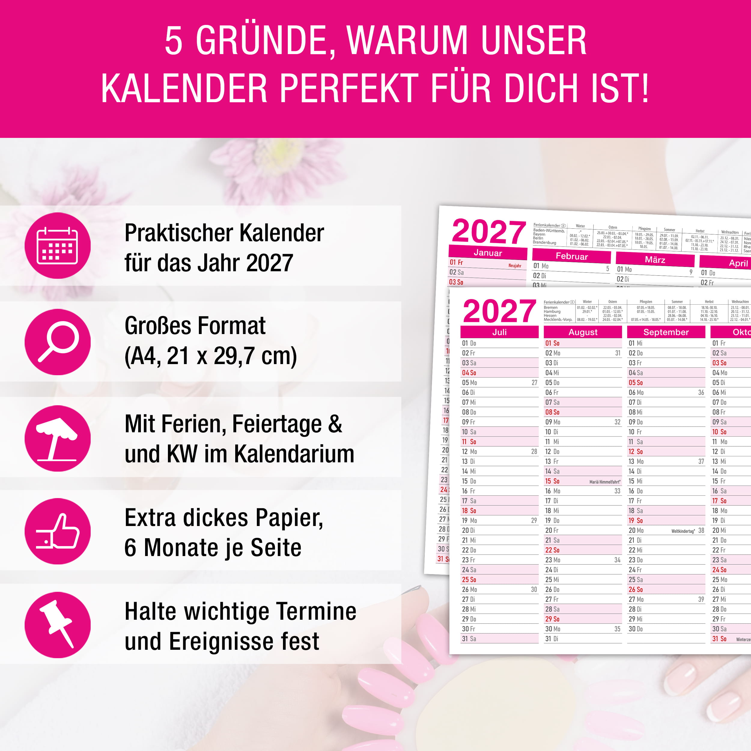 Tafelkalender 2027 Pink A4 - 3er Set