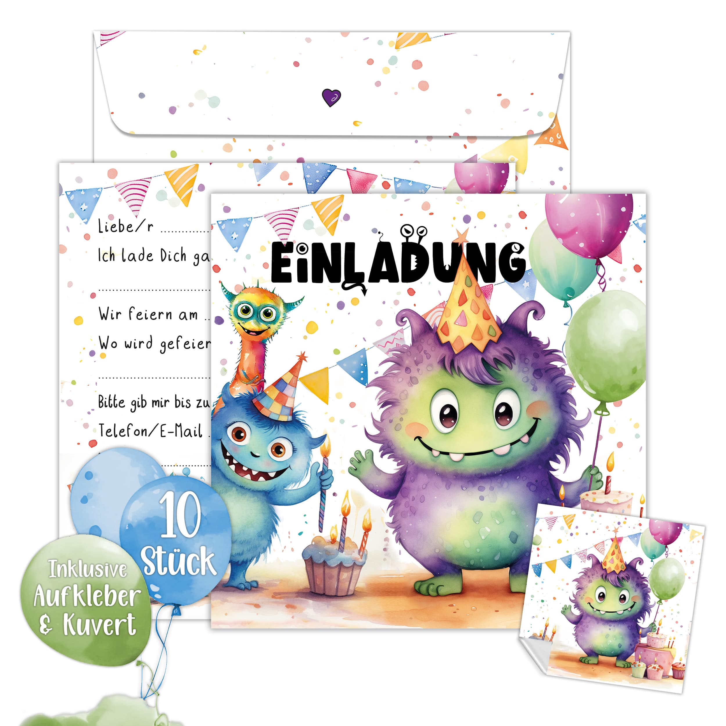 Einladungskarten Monster inkl. Sticker 10er Set Einladungskarten Monster inkl. Sticker 10er Set