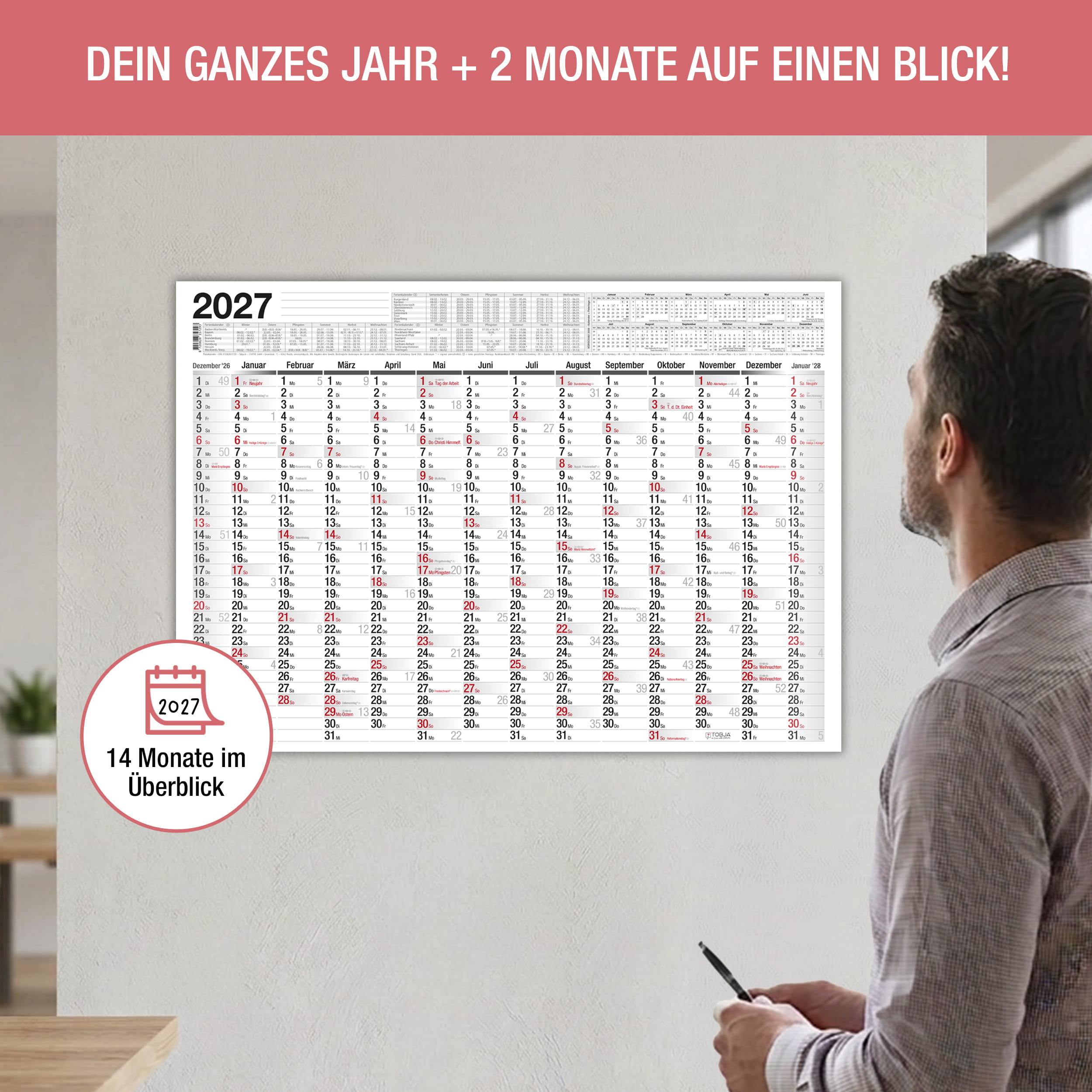 Wandkalender 2027 A2 Standard 14 Monate