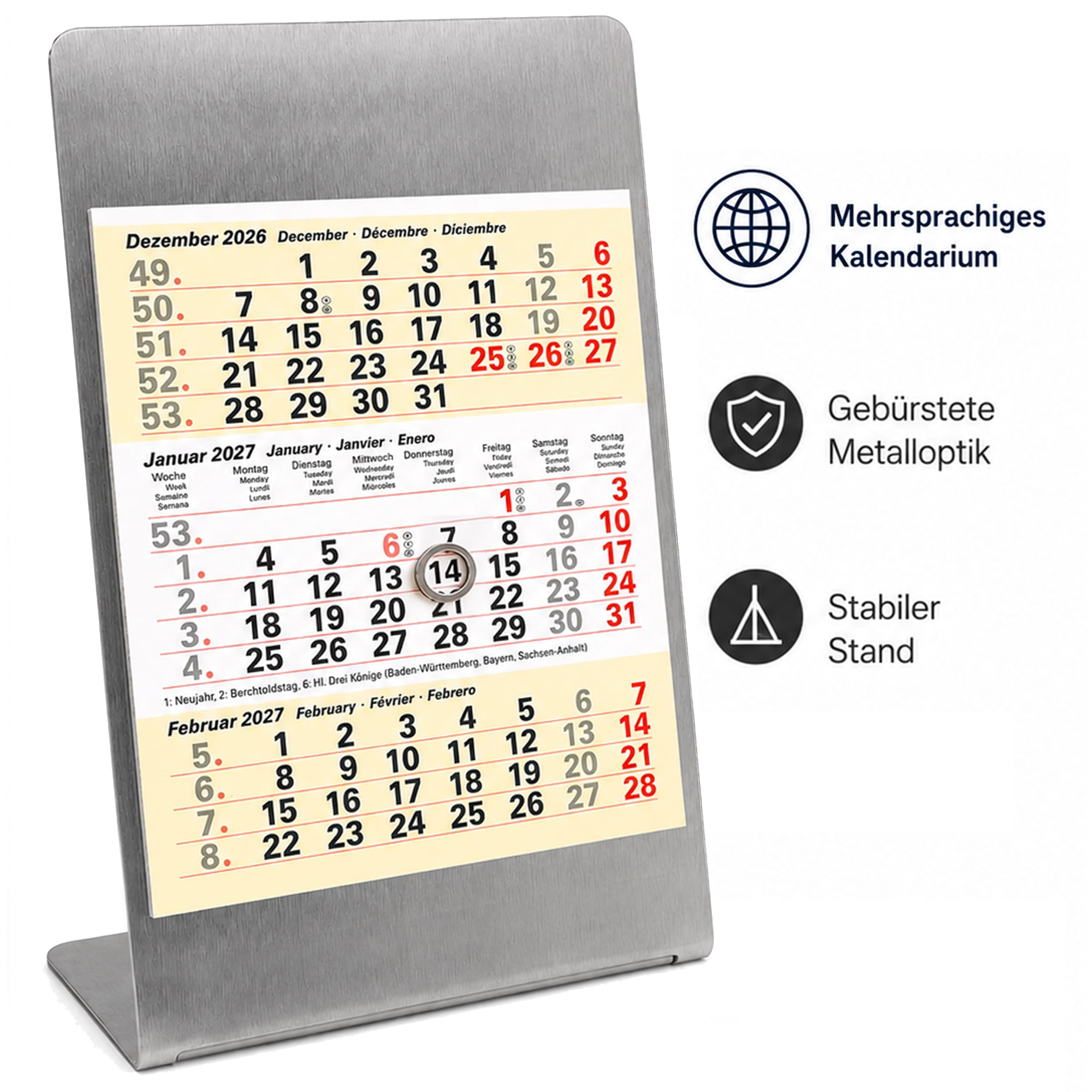 Magnet-System Sand – Tischkalender 2027 mit Metallaufsteller