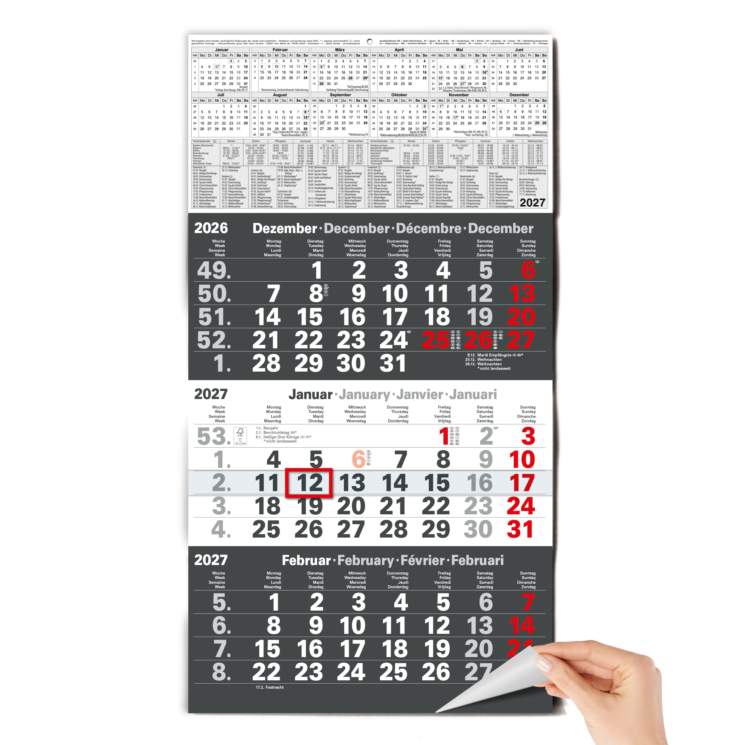 3-Monatskalender 2027 Anthrazit 30x56