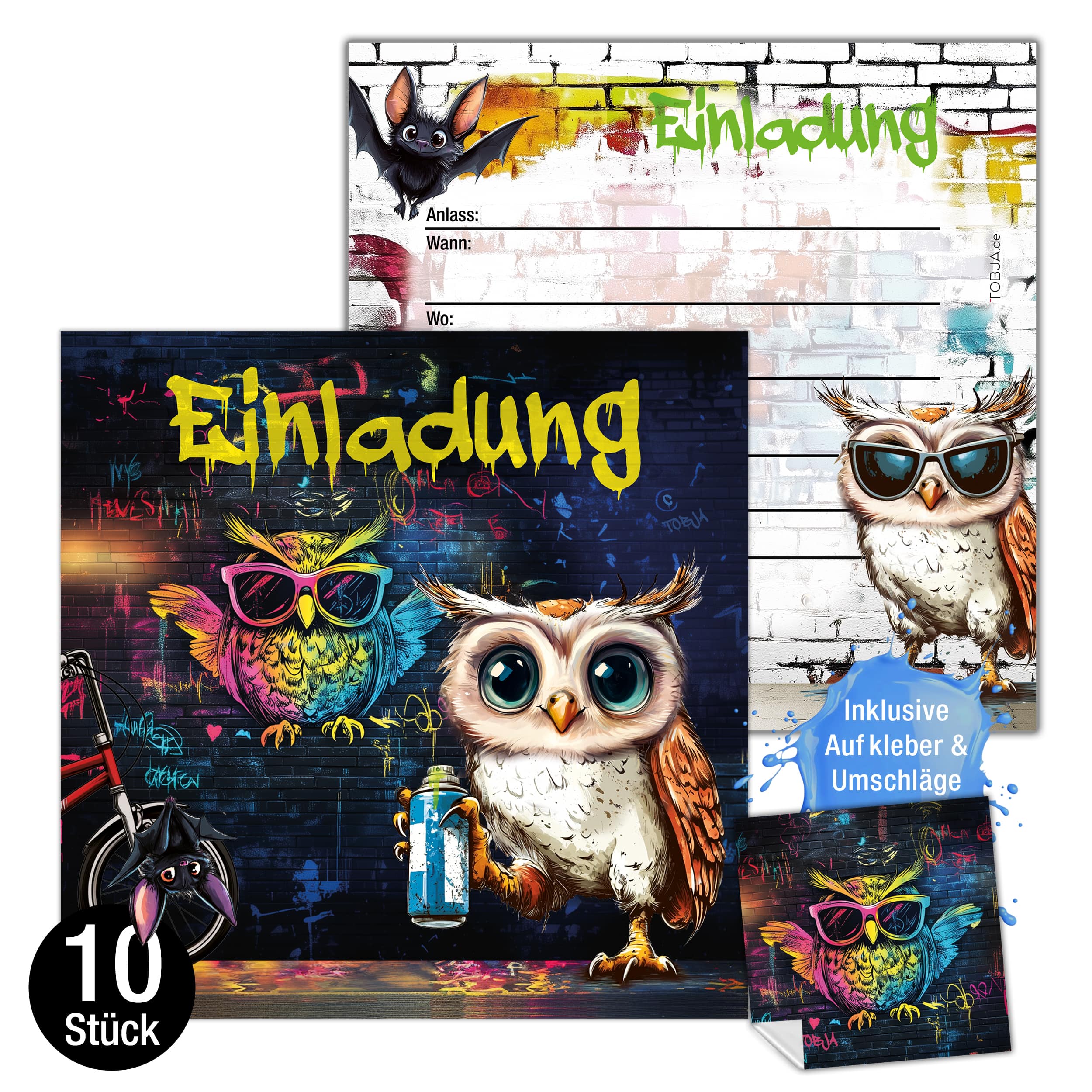 Einladungskarten Eule Graffiti inkl. Sticker 10er Set Einladungskarten Eule Graffiti inkl. Sticker 10er Set