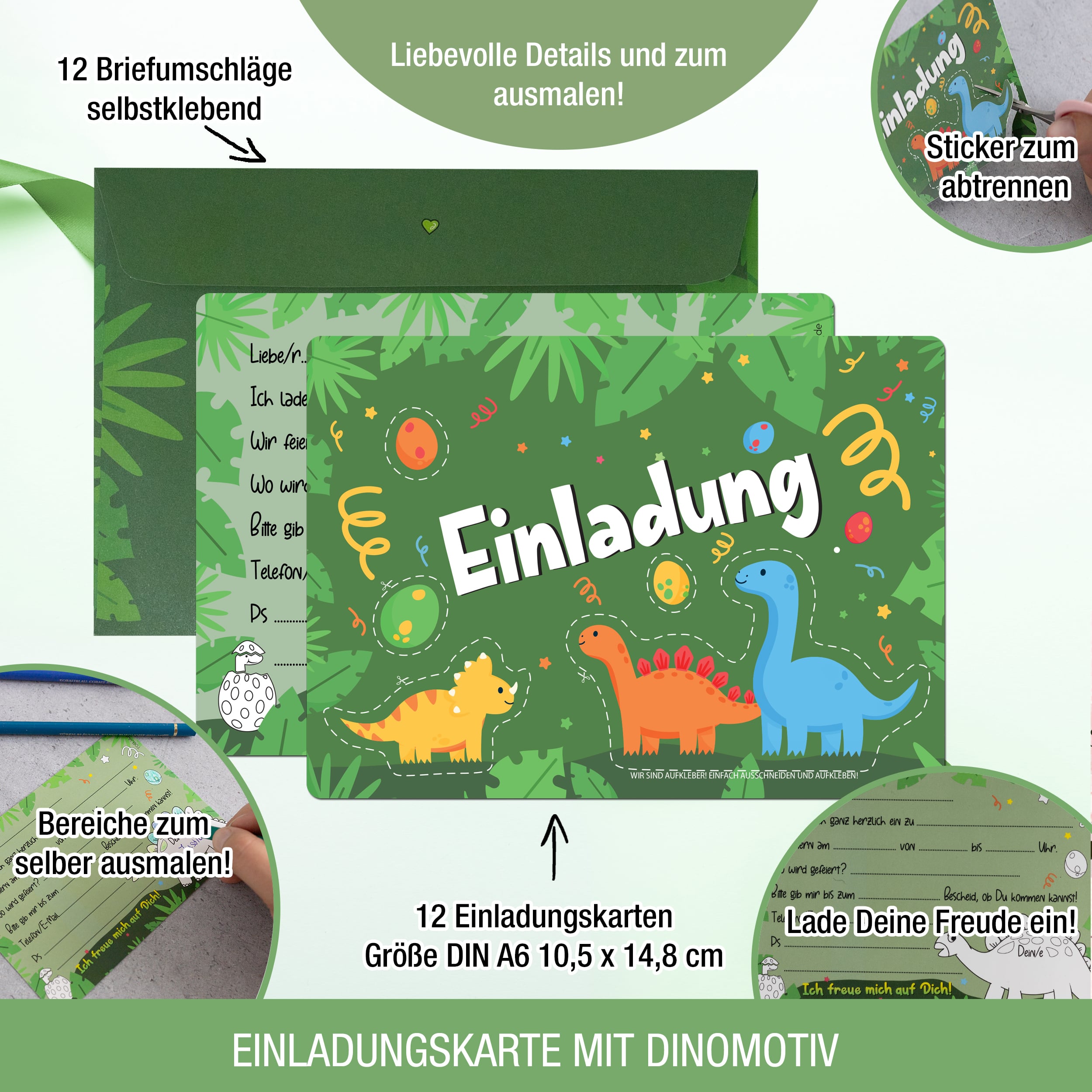 12 Einladungskarten inkl. Umschläge "Dino Party" 12 Einladungskarten inkl. Umschläge "Dino Party"