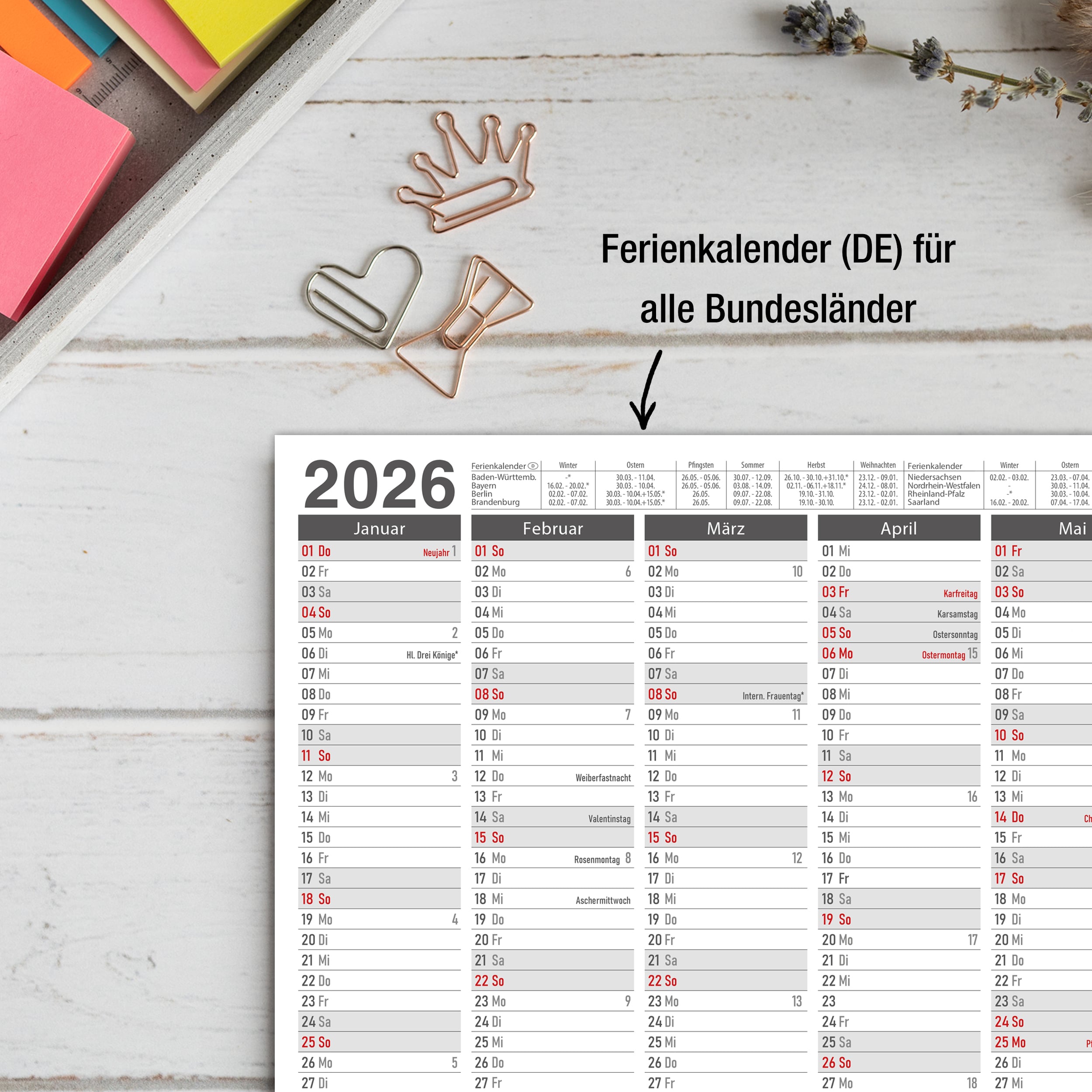 Abwischbarer A4 Tafelkalender 2026 "Grau"  Kalender inkl 4 Stifte