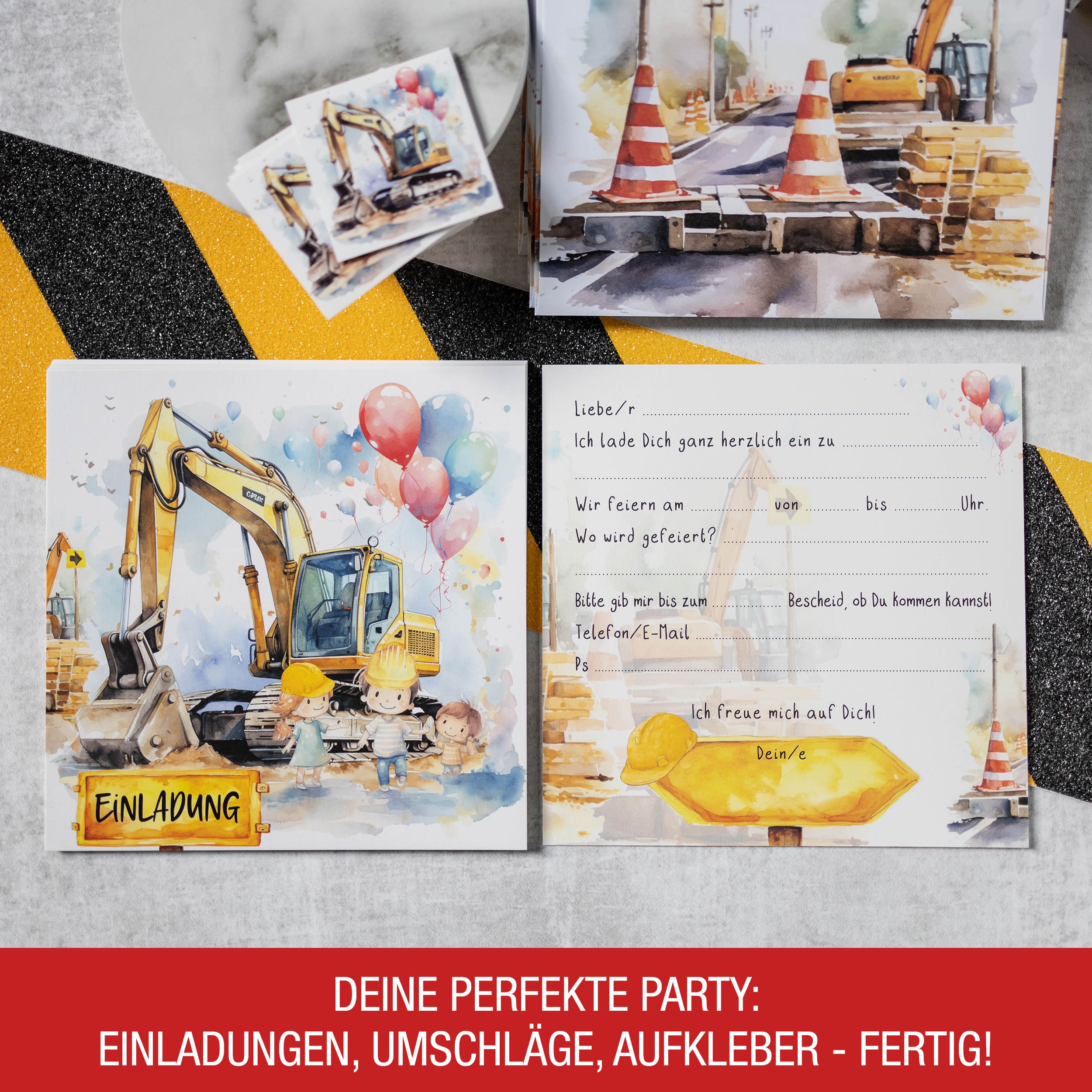 Einladungskarten Bagger inkl. Sticker 10er Set