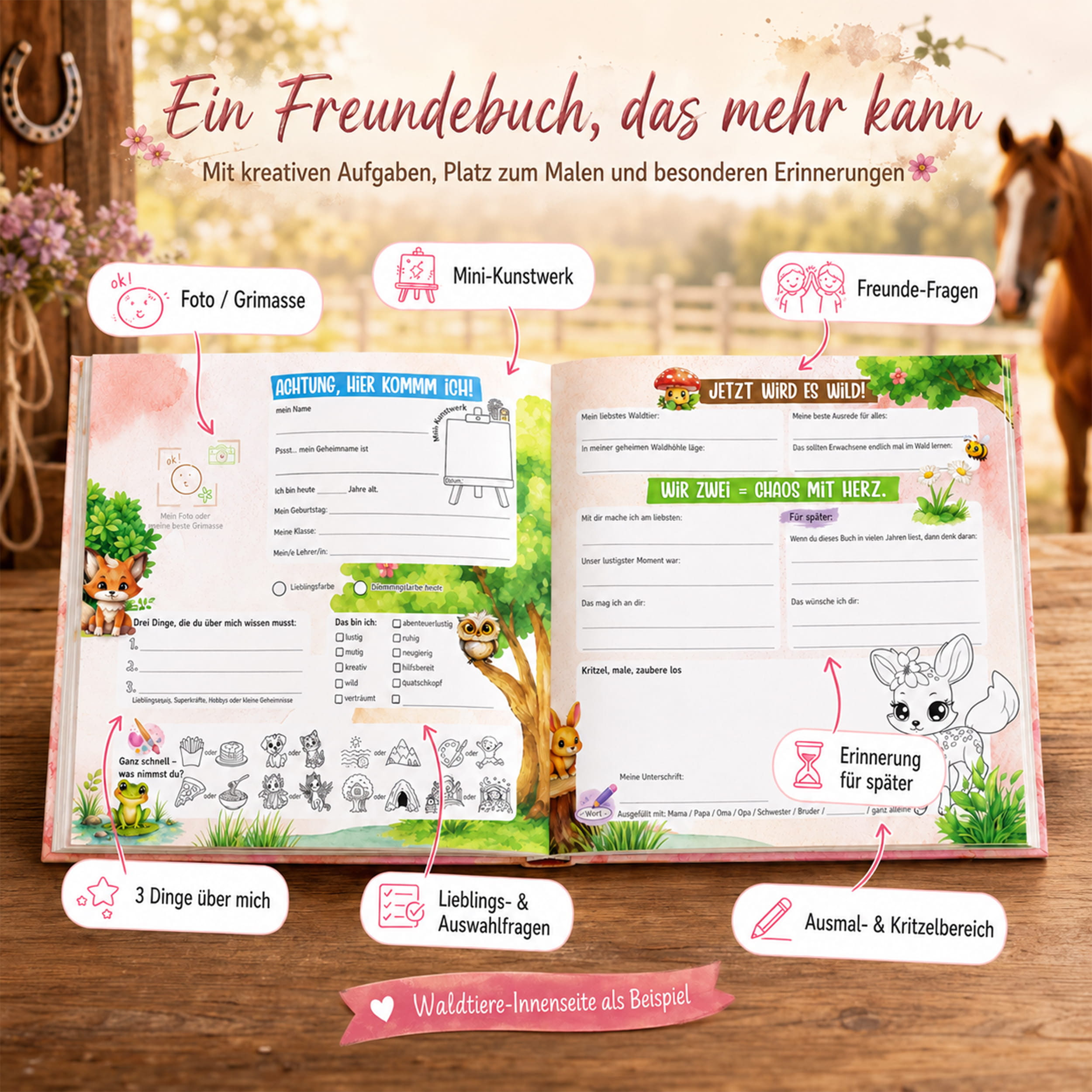 Freundebuch Grundschule Pferde – 21 x 21 cm Hardcover
