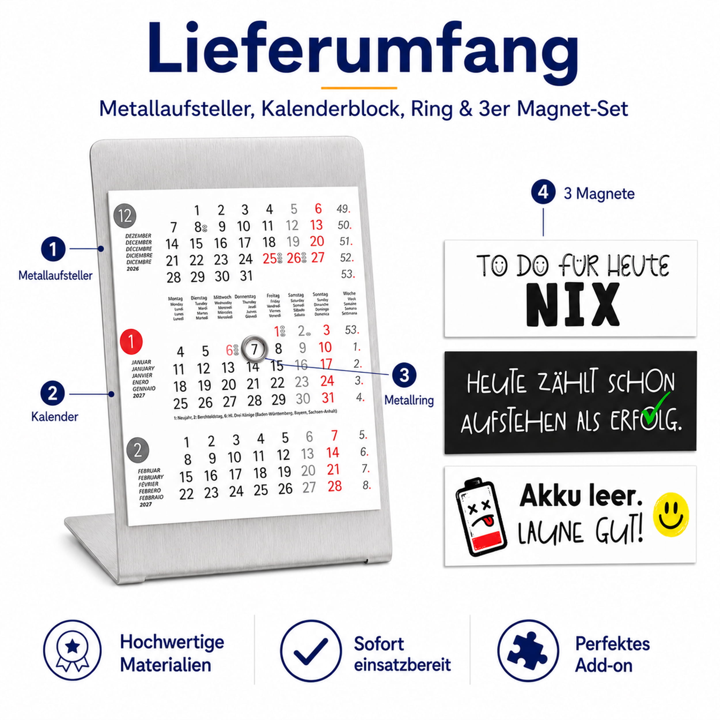 Magnet-System Dots – Komplettset 2027: Aufsteller + Kalender + Magnetset Büro-Humor
