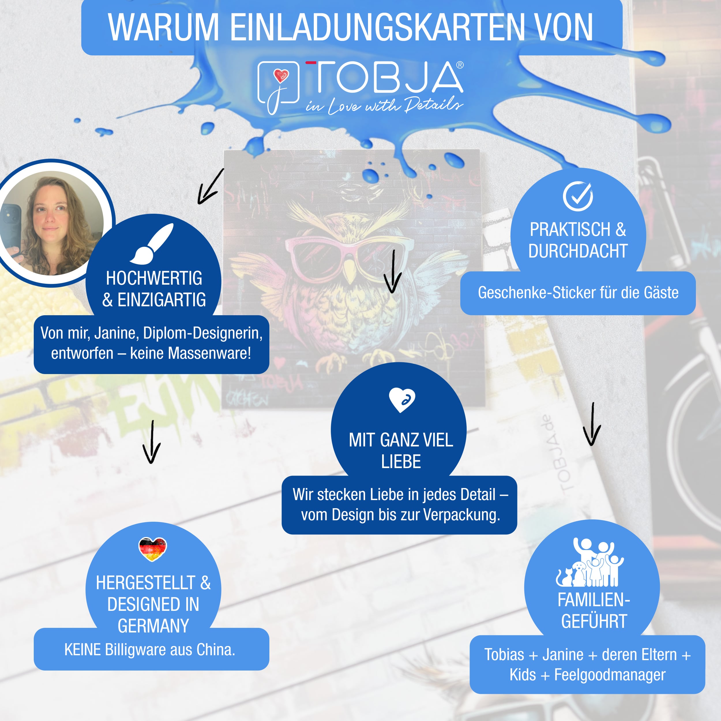 Einladungskarten Eule Graffiti inkl. Sticker 10er Set Einladungskarten Eule Graffiti inkl. Sticker 10er Set