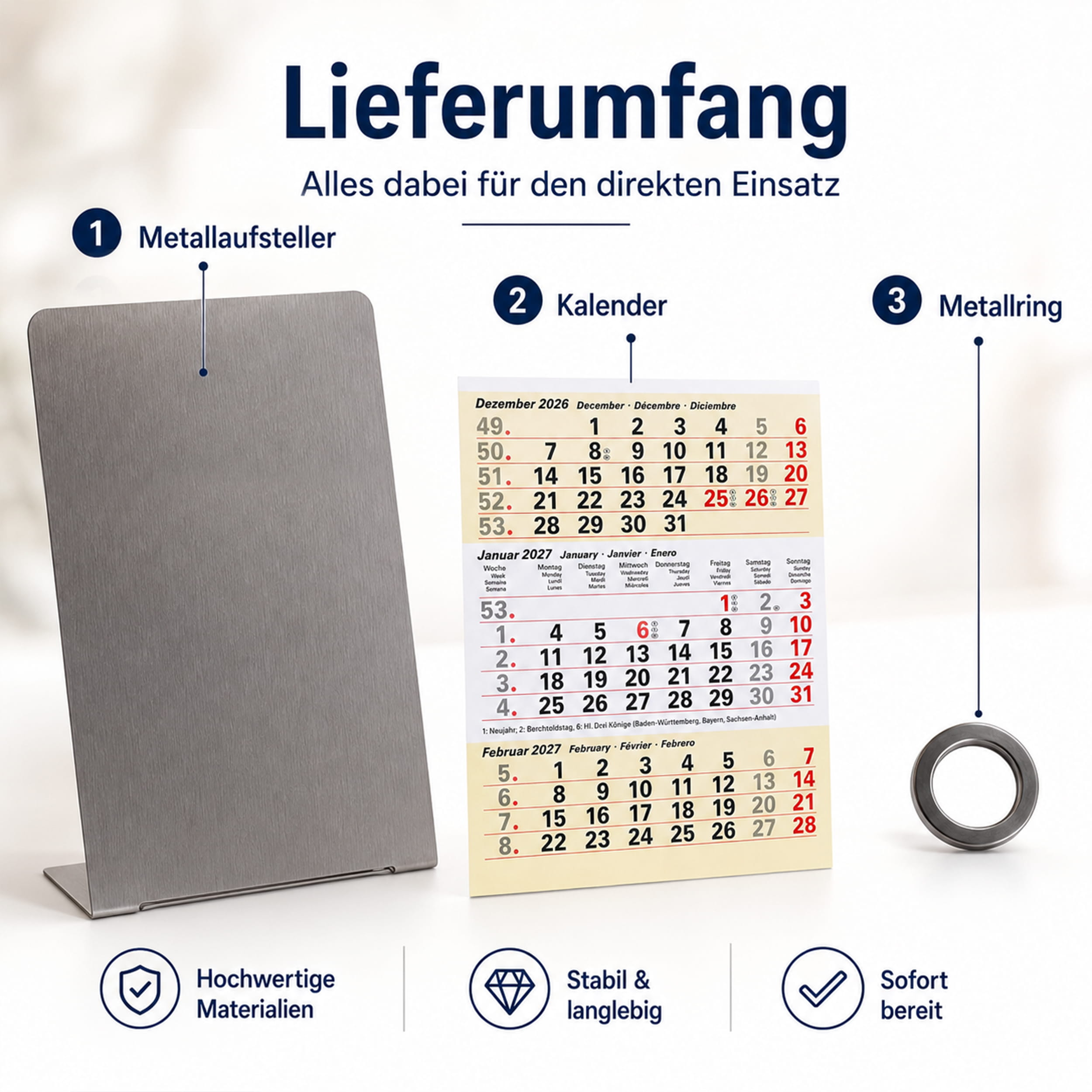 Magnet-System Sand – Tischkalender 2027 mit Metallaufsteller
