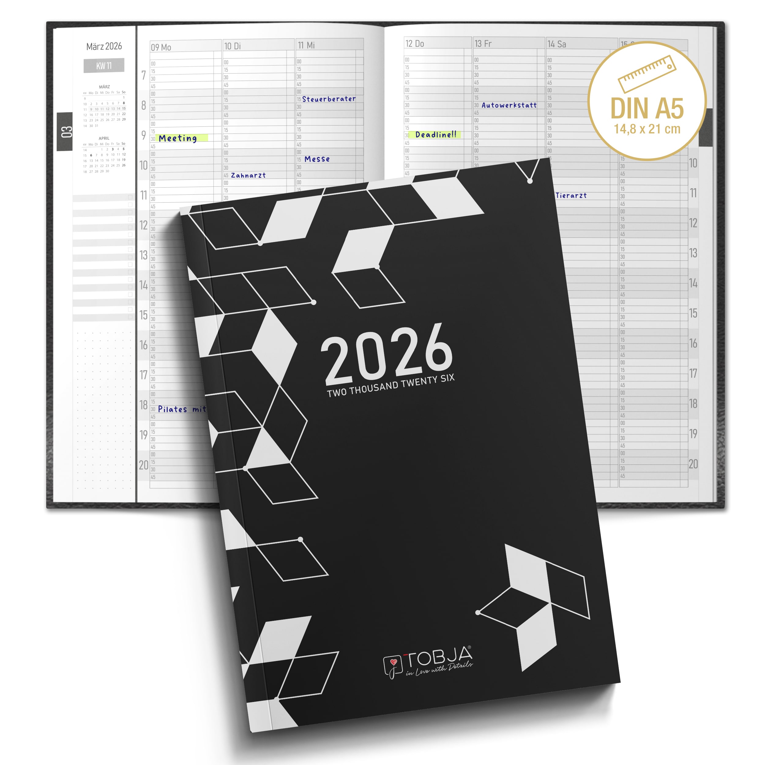 Taschenkalender 2026 A5 mit 15-Minuten-Taktung