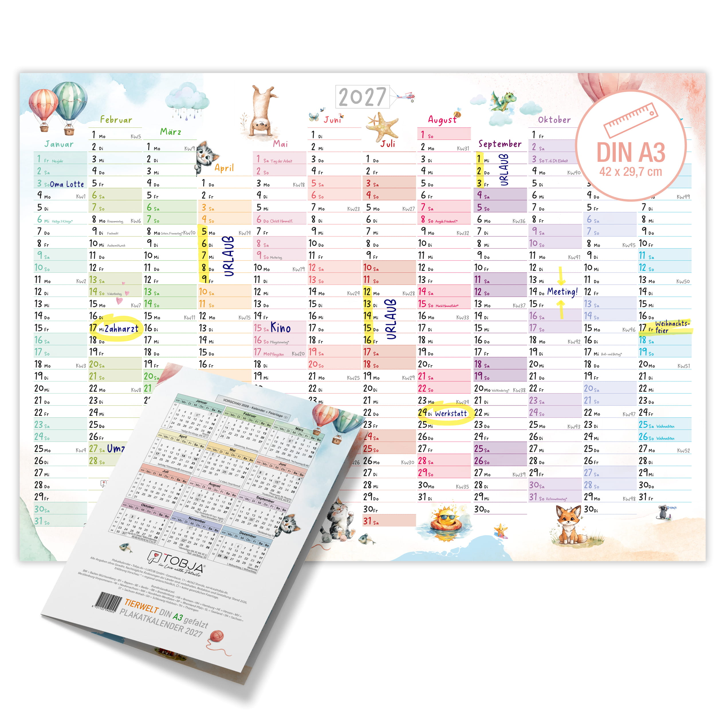 Wandkalender 2027 A3 Tierwelt Aquarell