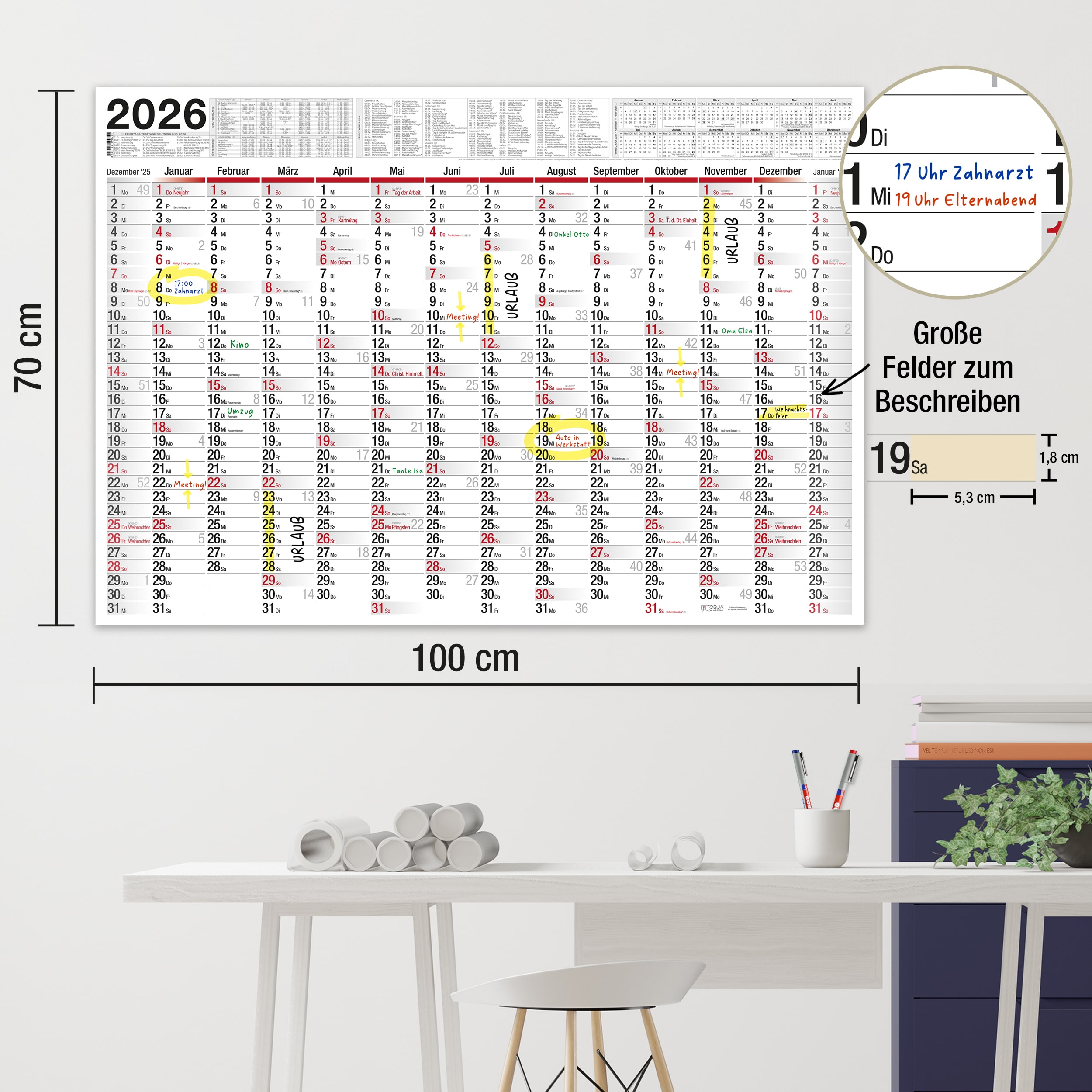 Wandkalender 2026 "Big Planer" [abwischbar] Kalender + 4 Stifte