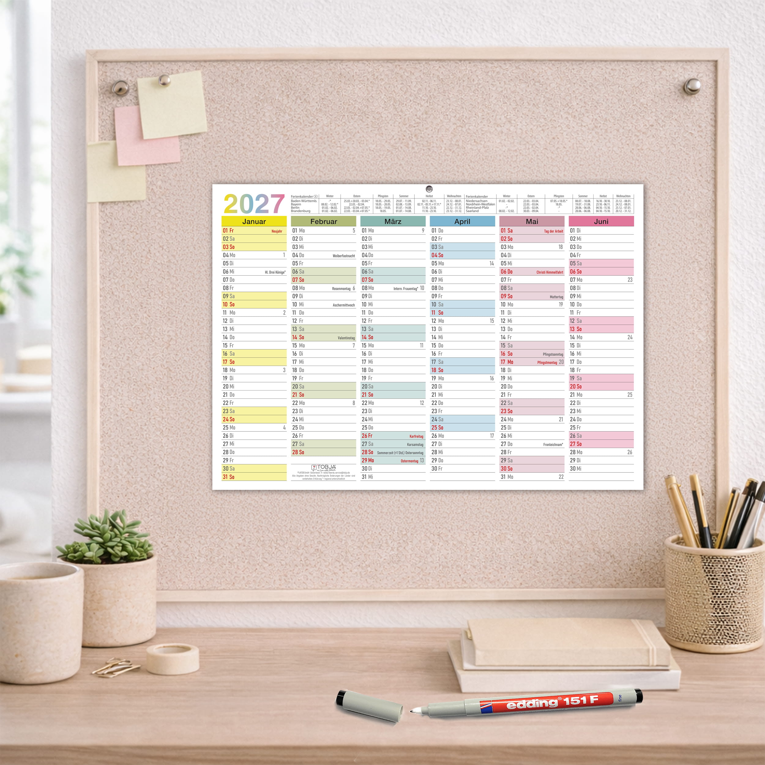 Abwischbarer A4 Tafelkalender 2026 "Bunt"  Kalender inkl 4 Stifte