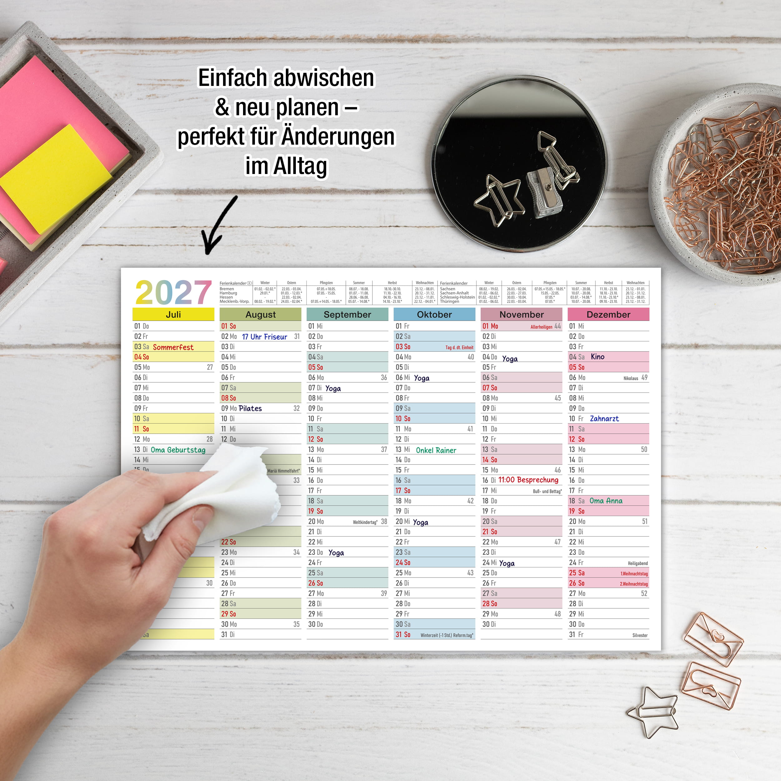 Abwischbarer A4 Tafelkalender 2026 "Bunt"  Kalender inkl 4 Stifte