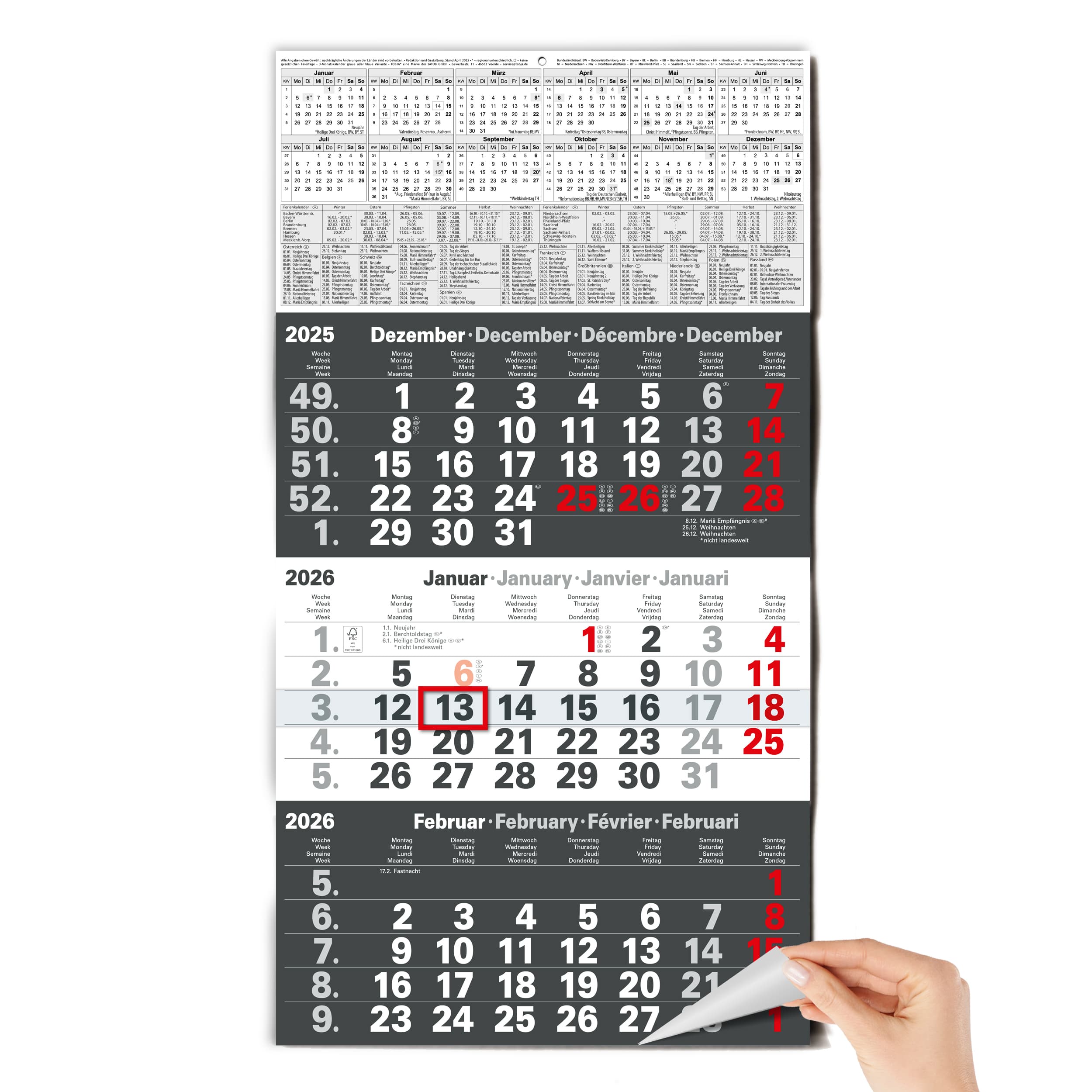 3-Monatskalender 2026 Anthrazit