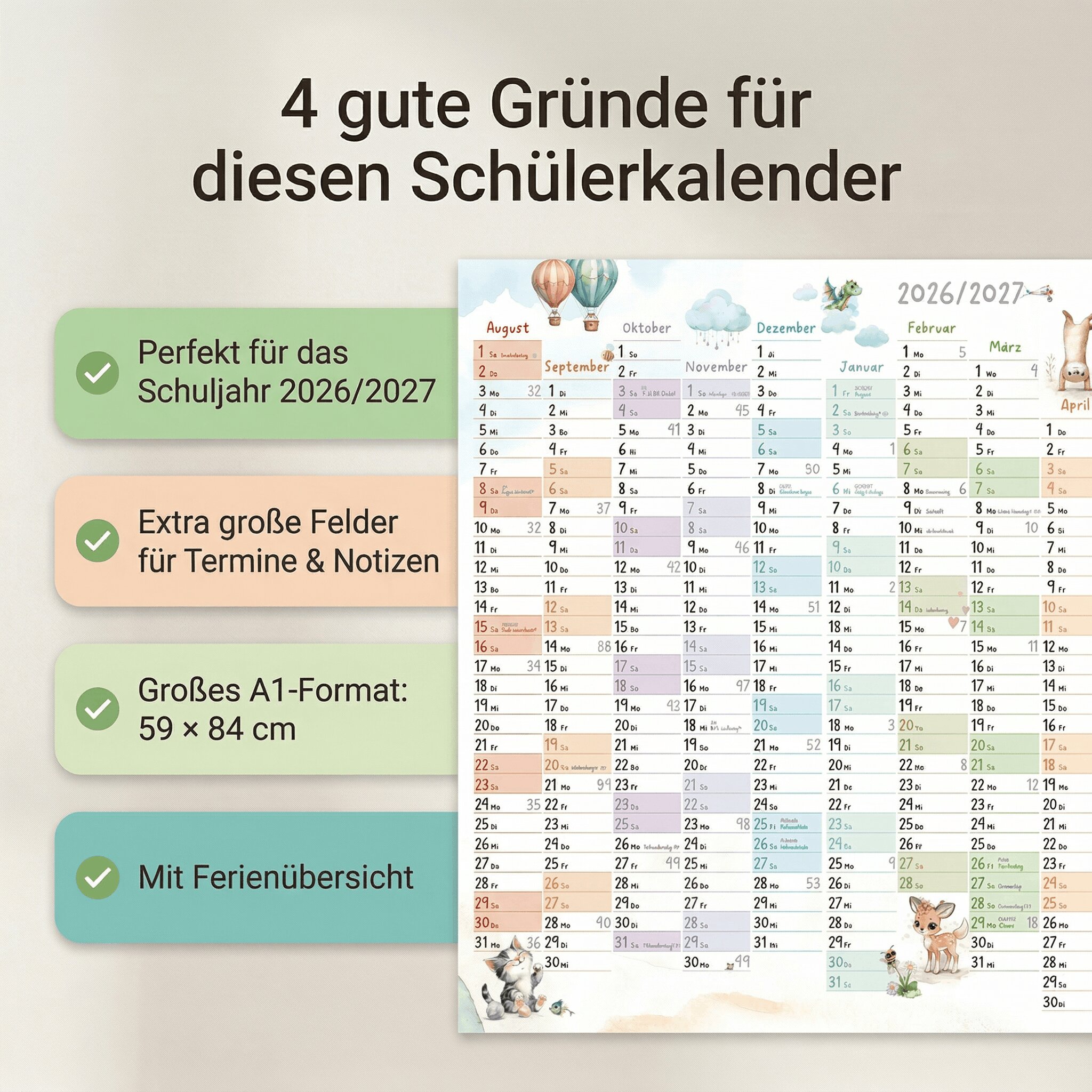 Schuljahreskalender A1 2026/2027 „Tierwelt Pastell"