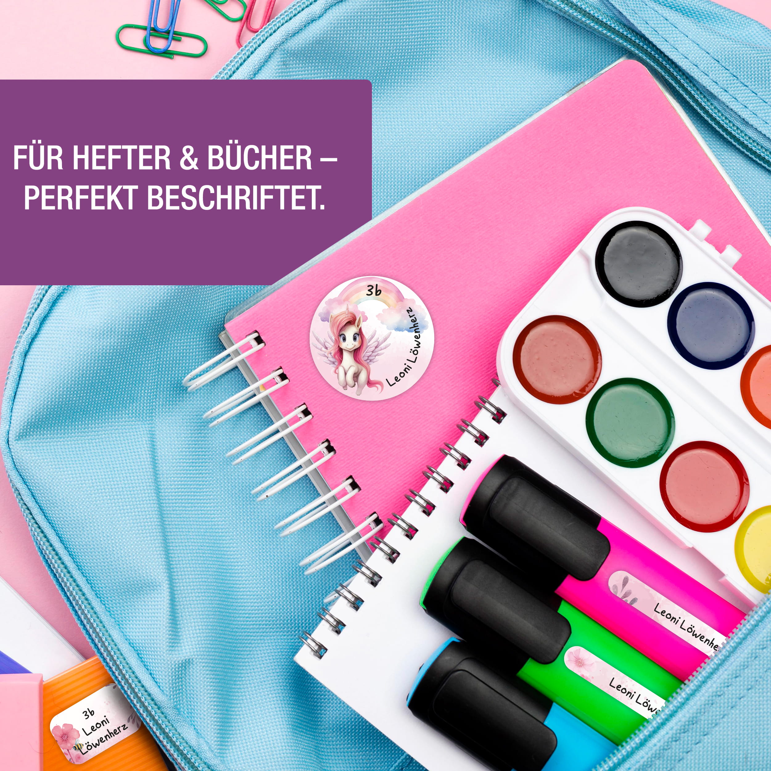 Namensaufkleber Kinder Schule personalisiert Alicorn