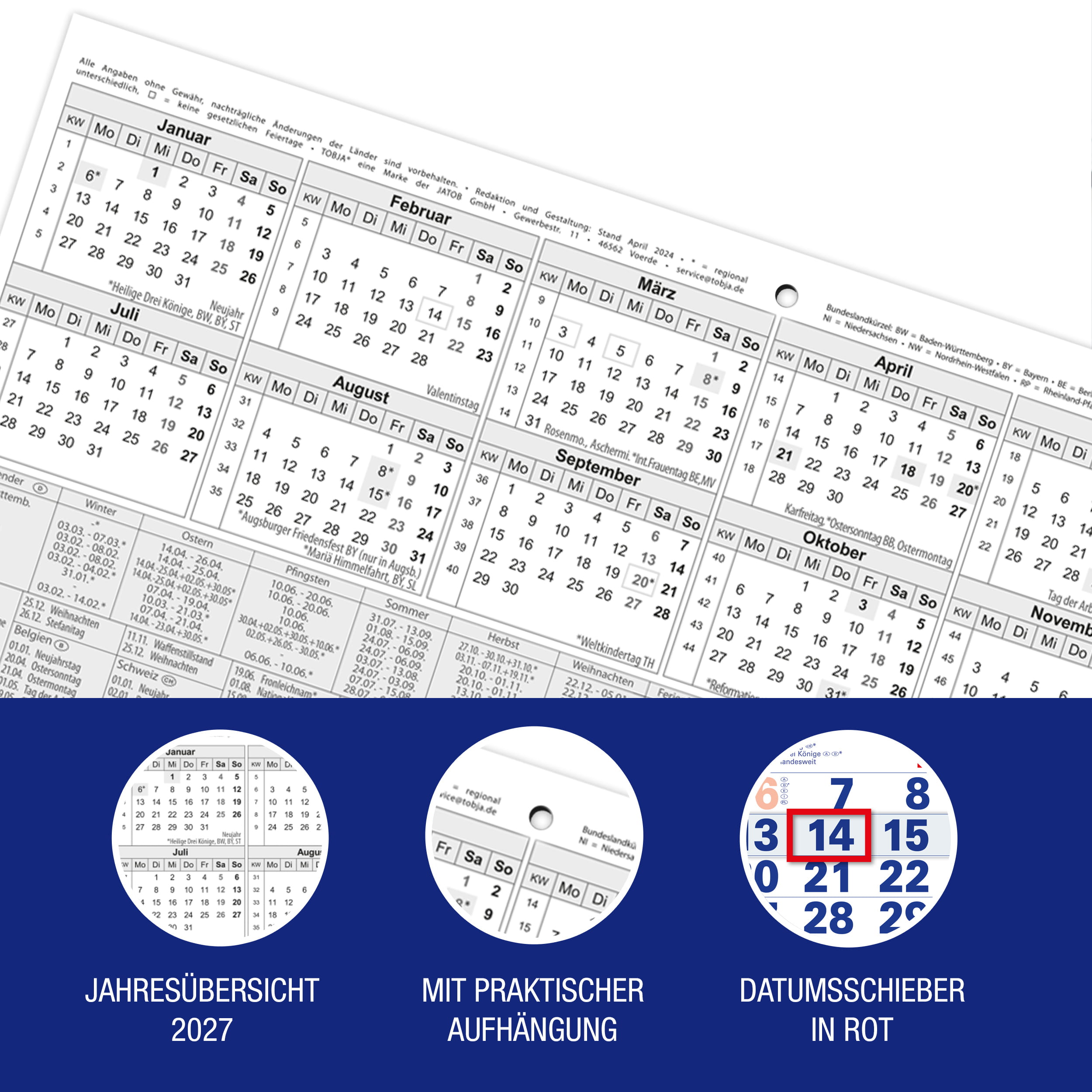3-Monatskalender 2027 Blau 30x56