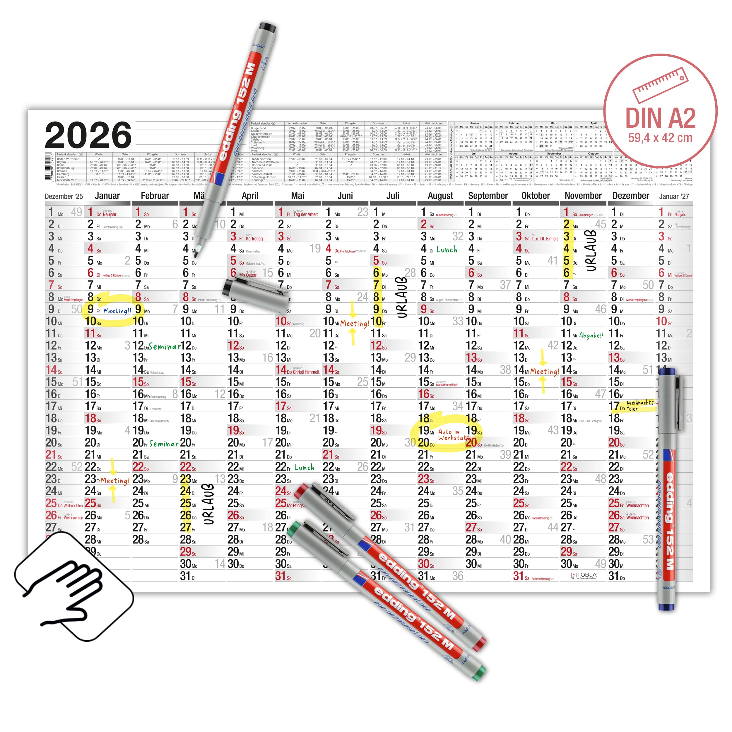 Abwischbarer Wandkalender 2026 A2 inkl. 4 Markenstifte