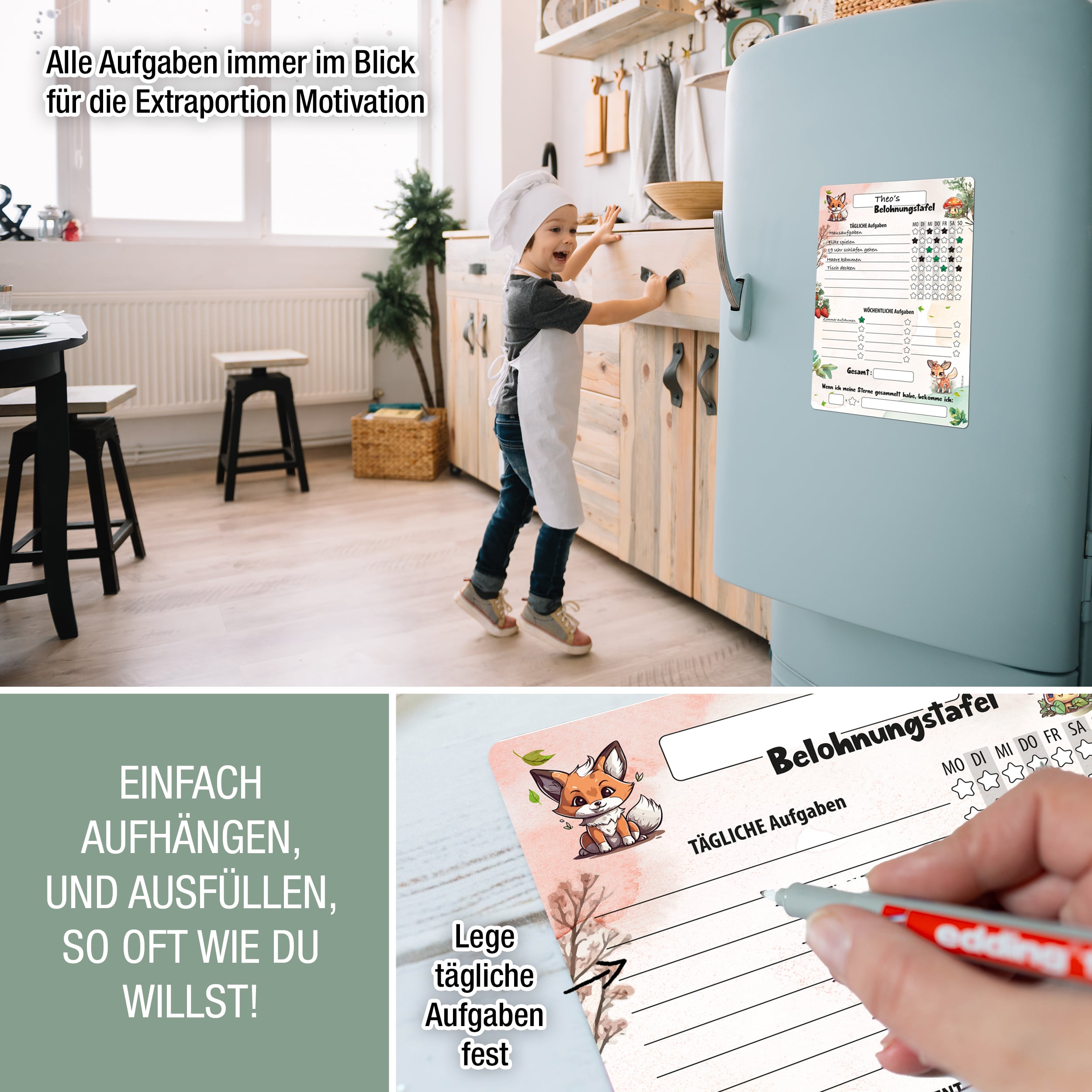 Belohnungstafel A4 magnetisch Waldtiere + 4 Markenstifte