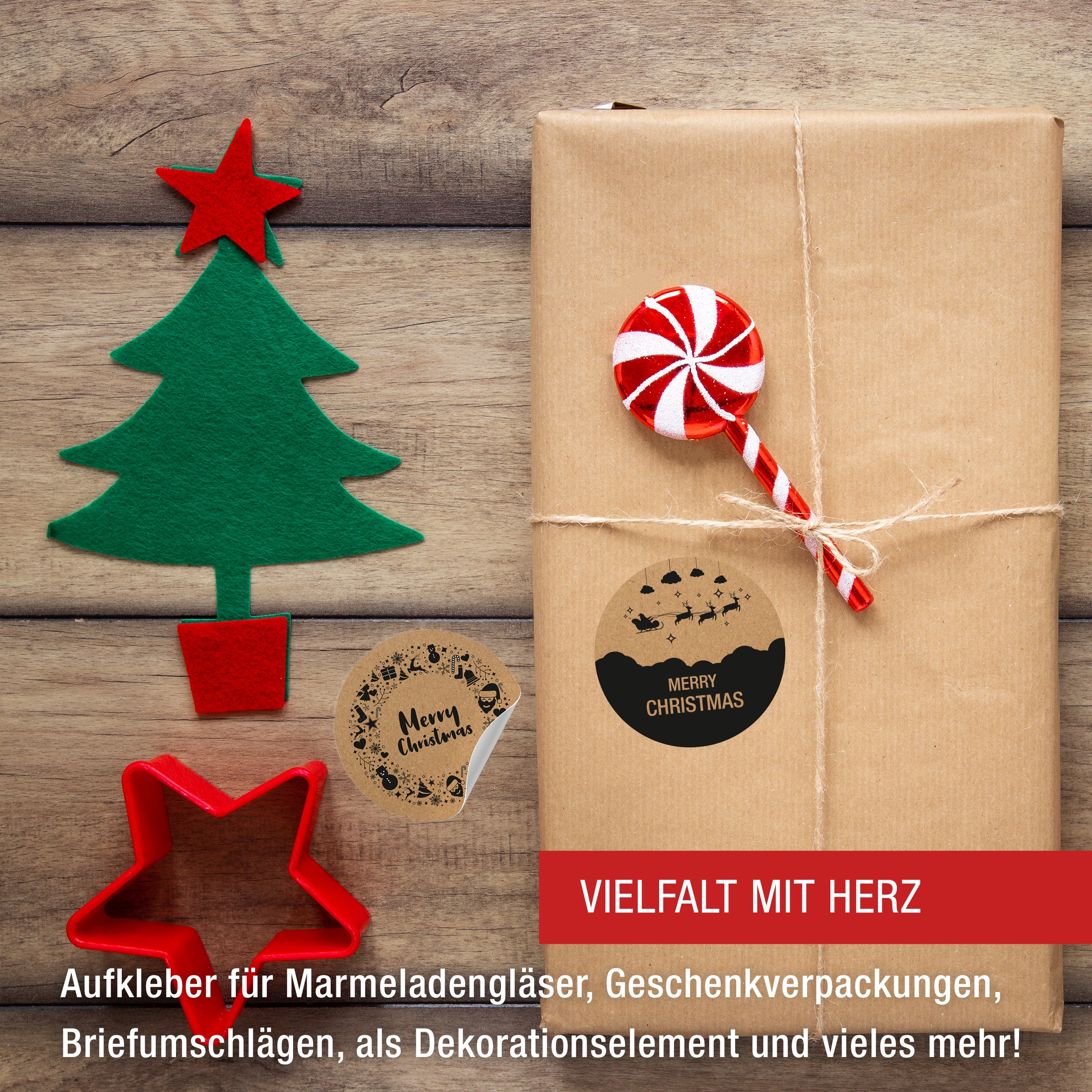 Sticker 4-er Set Bögen "Merry Christmas" Kraftpapier