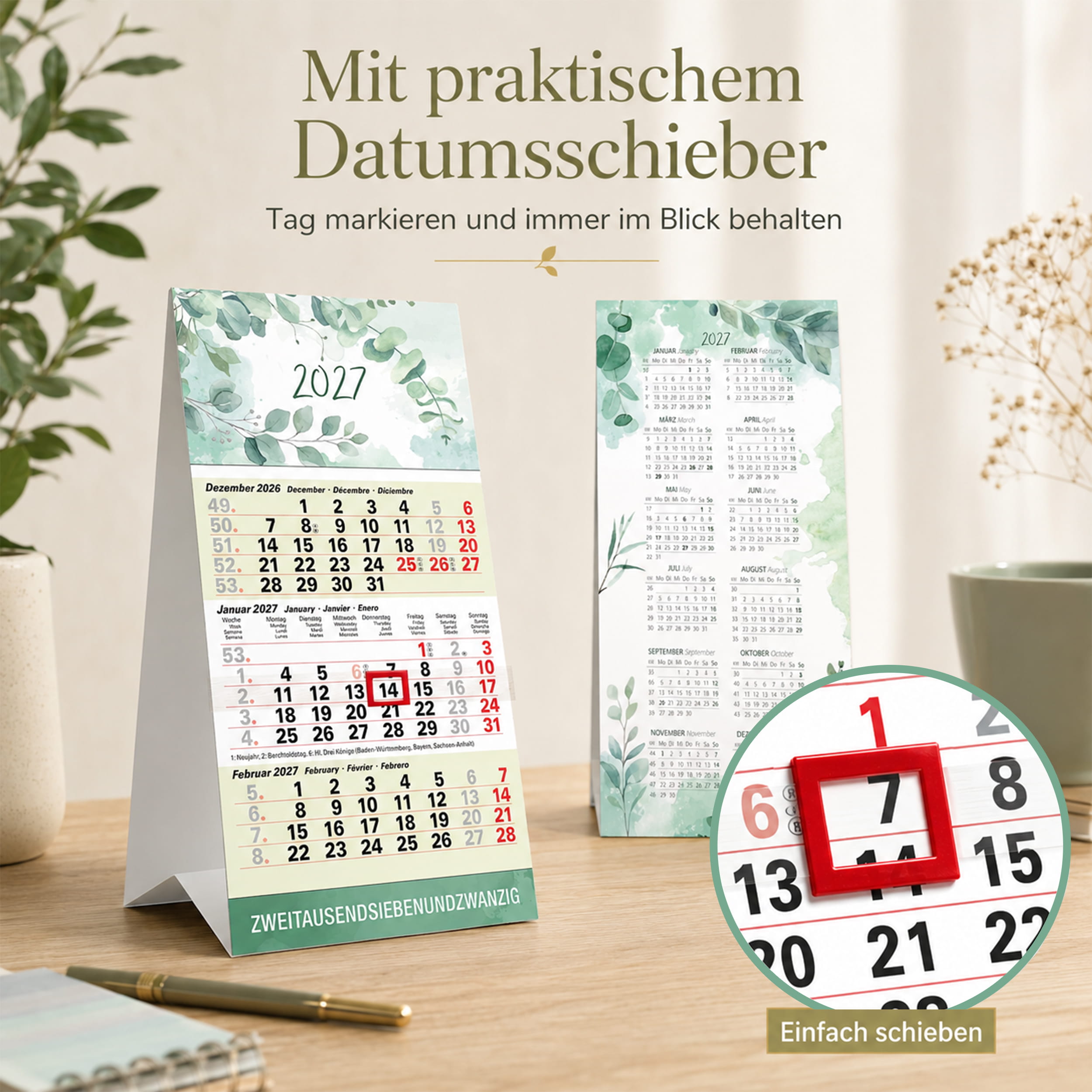 Tischkalender 2027 Eukalyptus – 3 Monatskalender