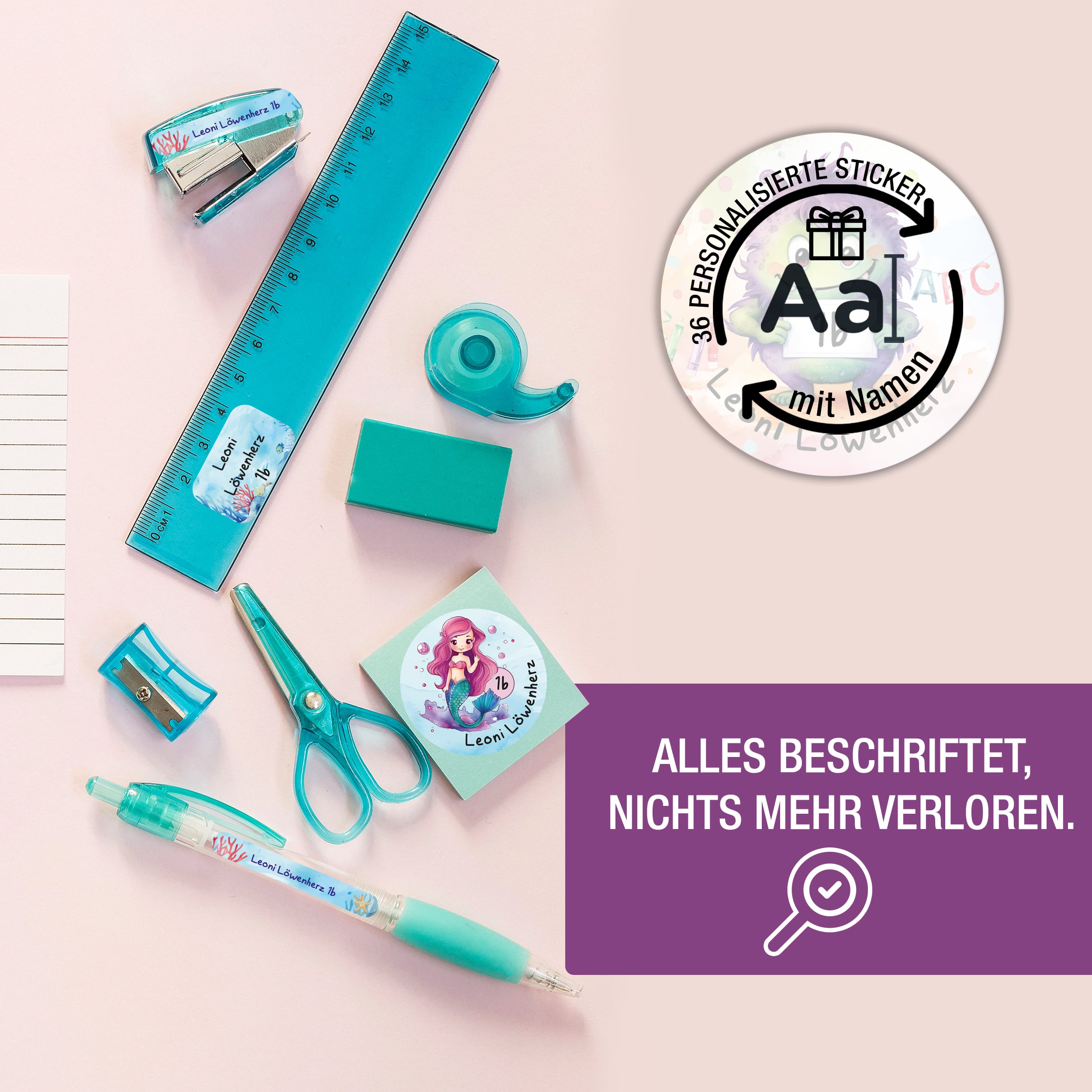 Sticker Set Meerjungfrau Grundschule personalisiert Name