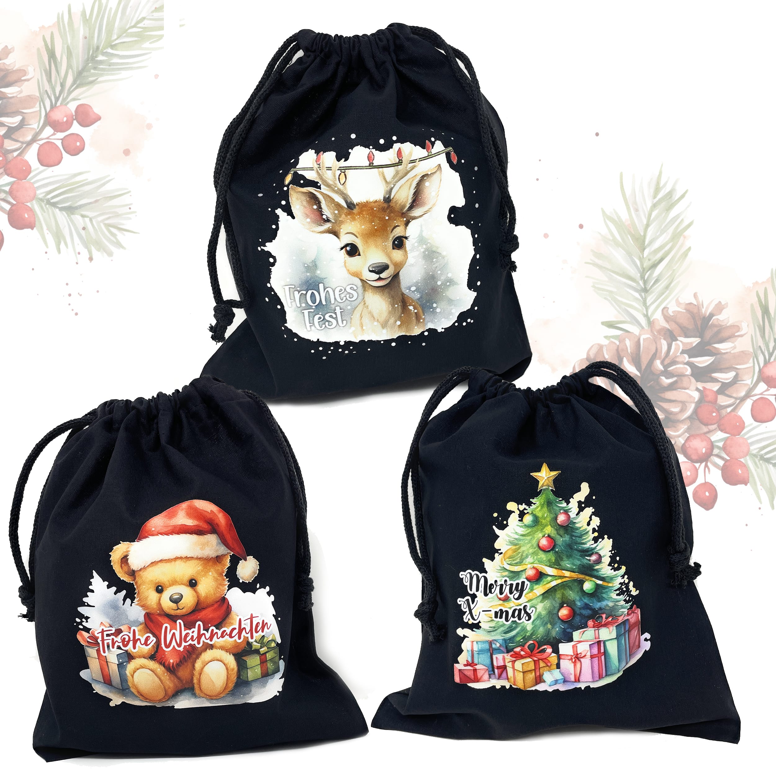 Weihnachtsbeutel Baumwolle Schwarz 3er Set
