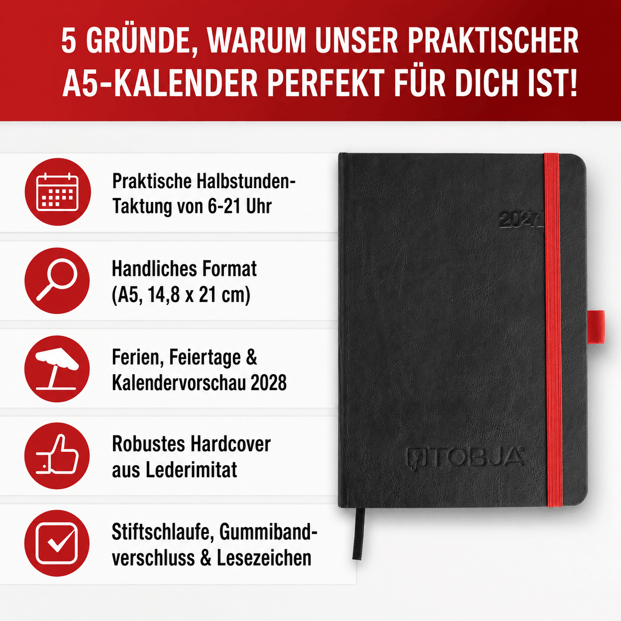 Buchkalender 2027 A5 Nero Rot Halbstunden