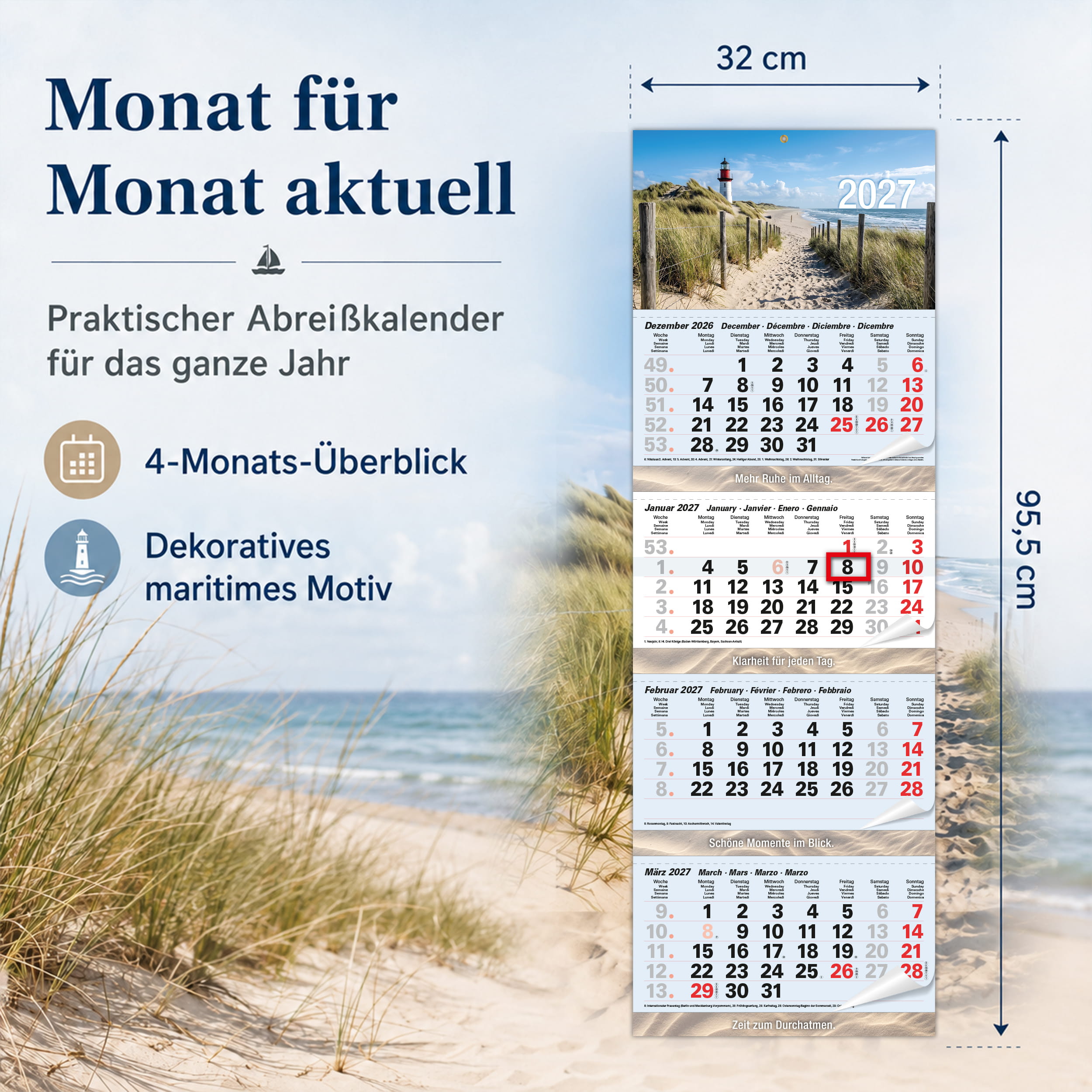 4-Monatskalender 2027 Nordsee Leuchtturm 32x95,5