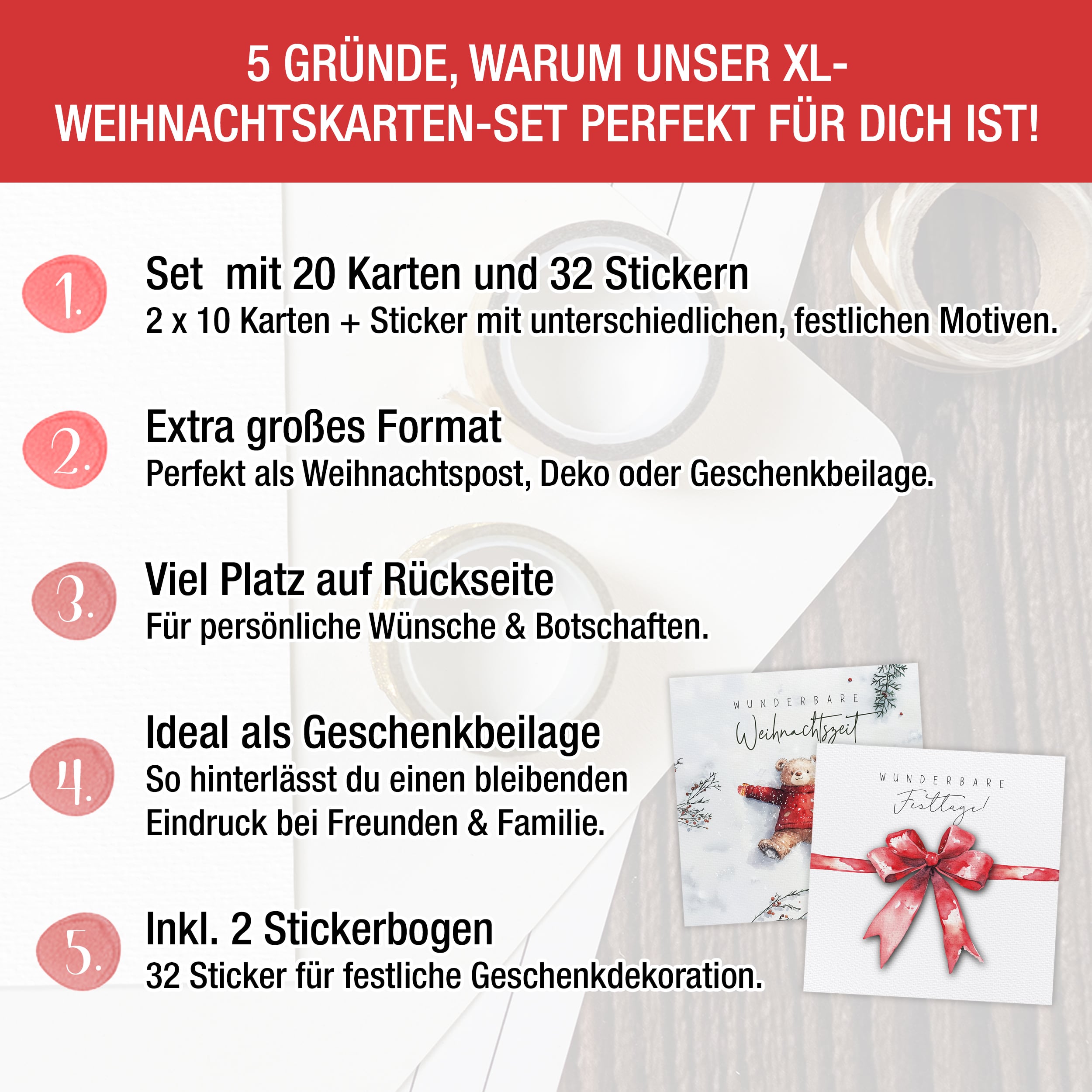 XXL Weihnachtskarten Set inkl. Stickern – 20er Set