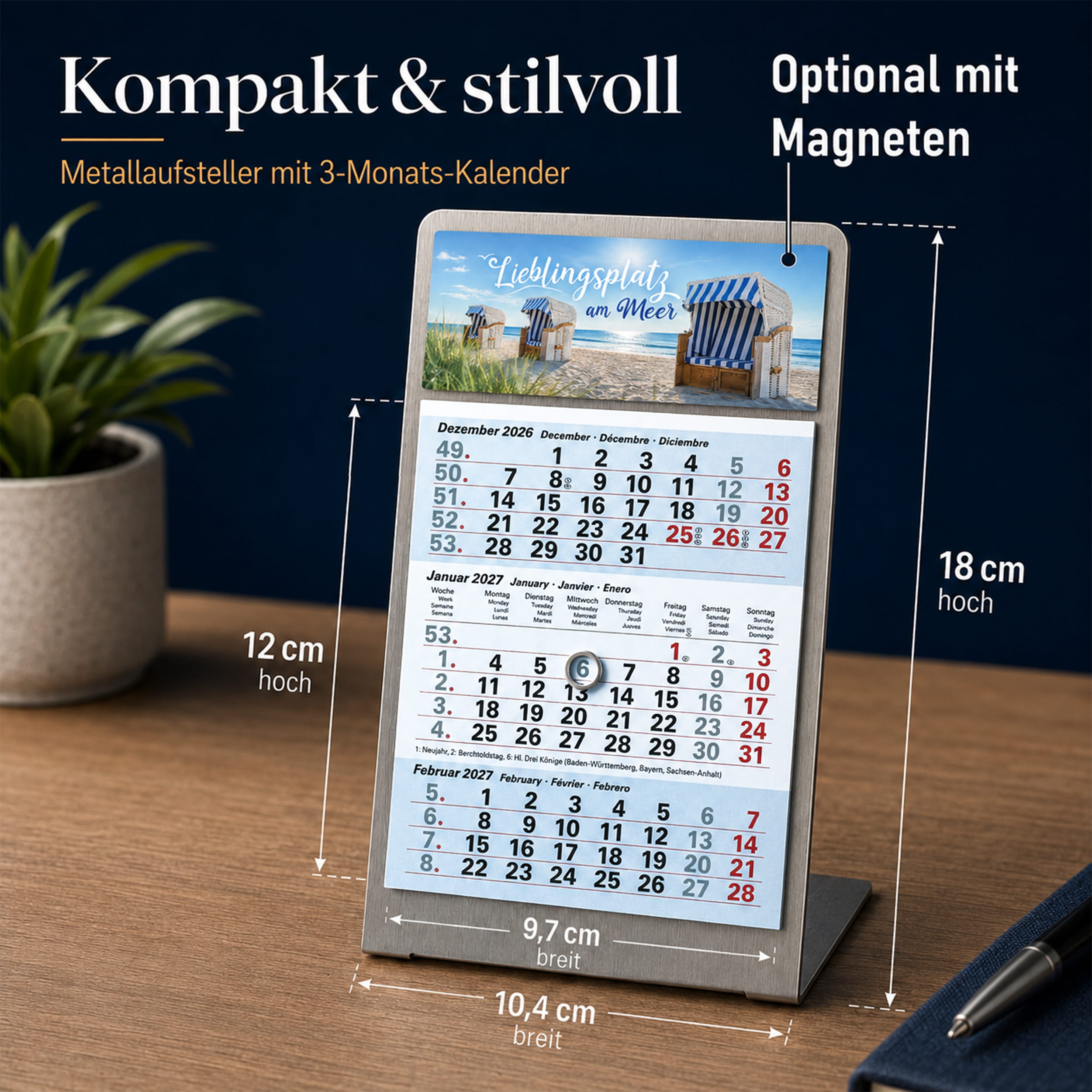 Magnet-System Ice – Tischkalender 2027 mit Metallaufsteller